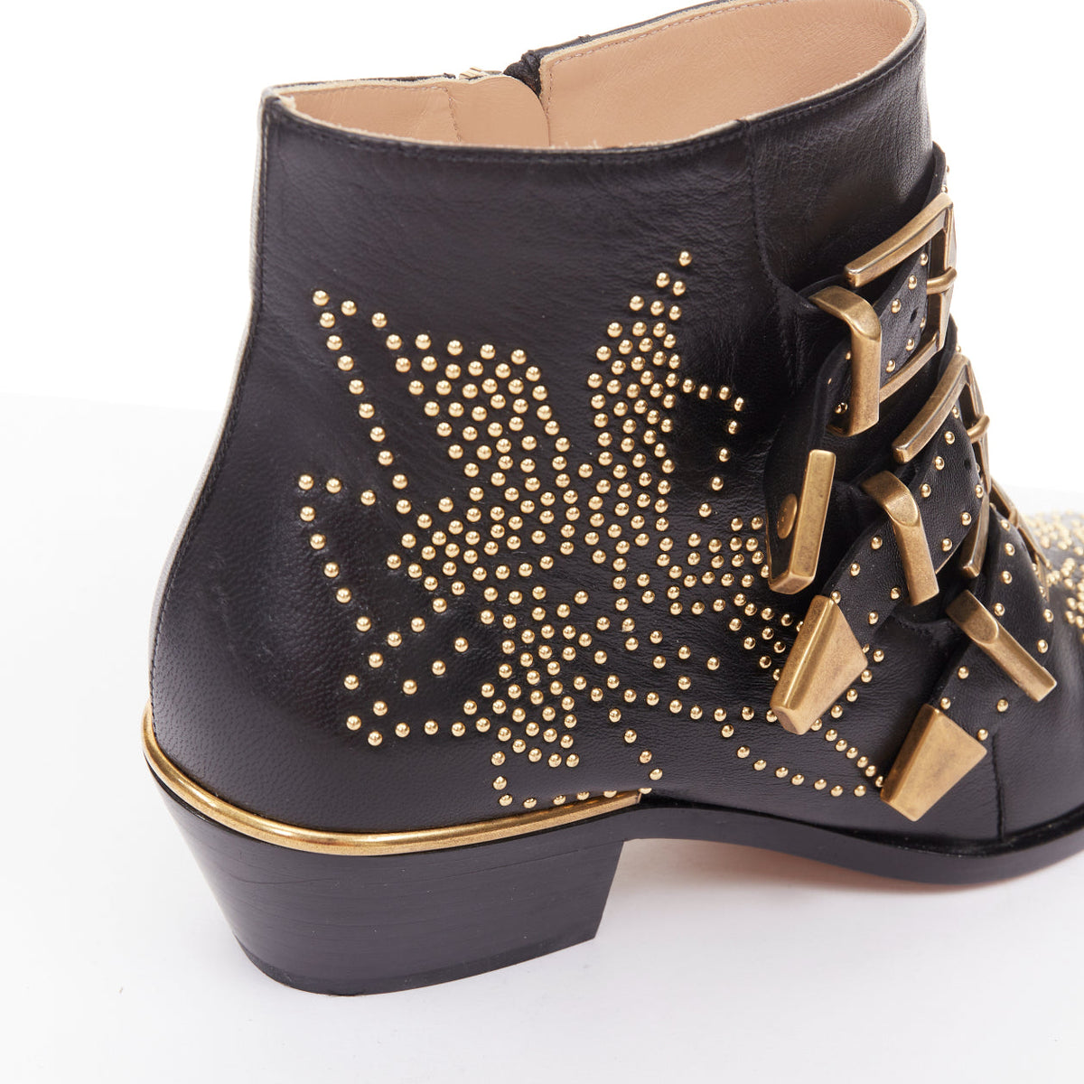 Women's Chloe Susanna black leather gold floral studded triple buckle boots
