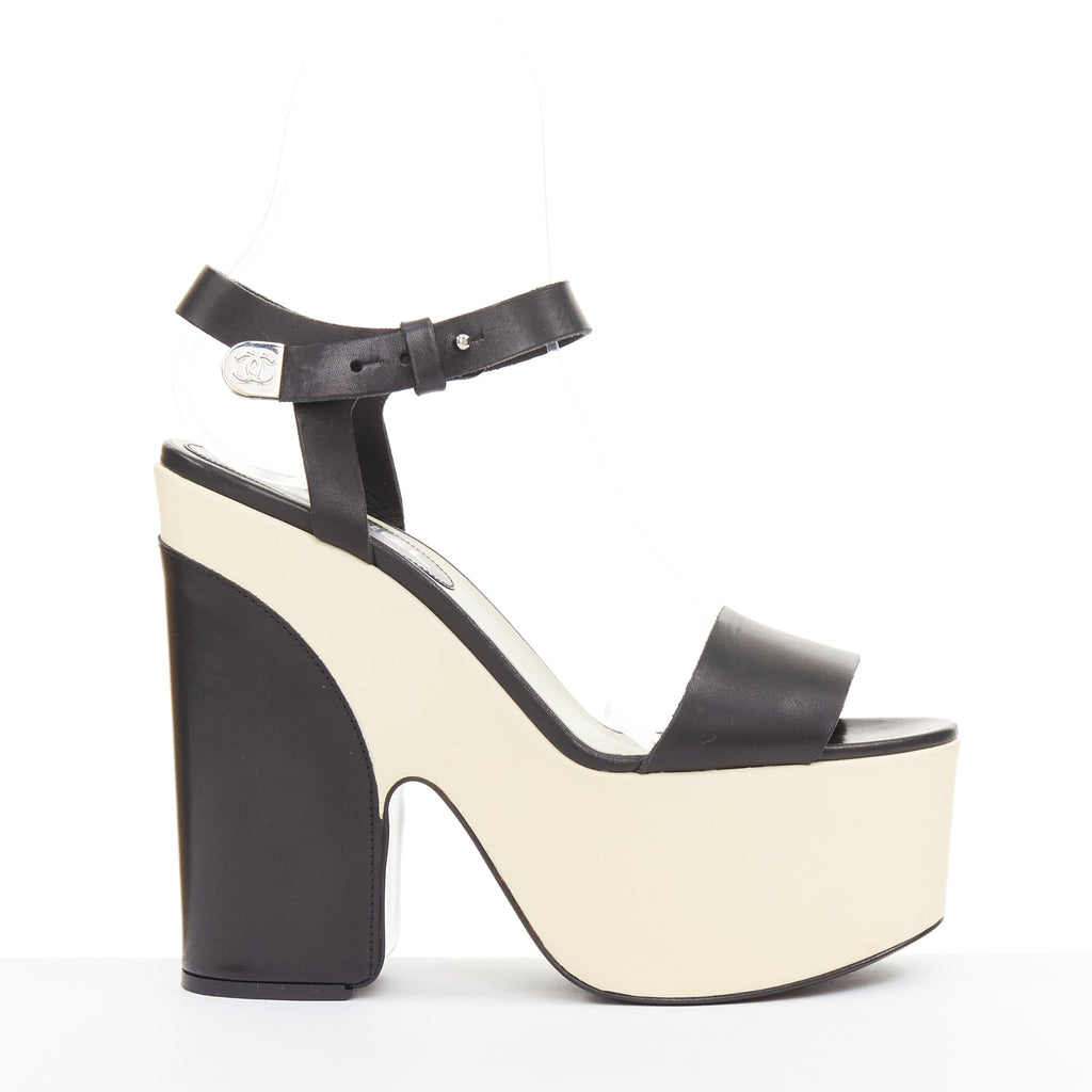 Women's Chanel bicolor calfskin silver CC wedge heels