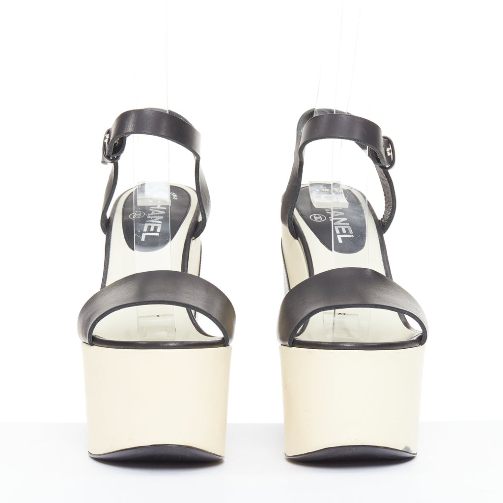 Women's Chanel bicolor calfskin silver CC wedge heels