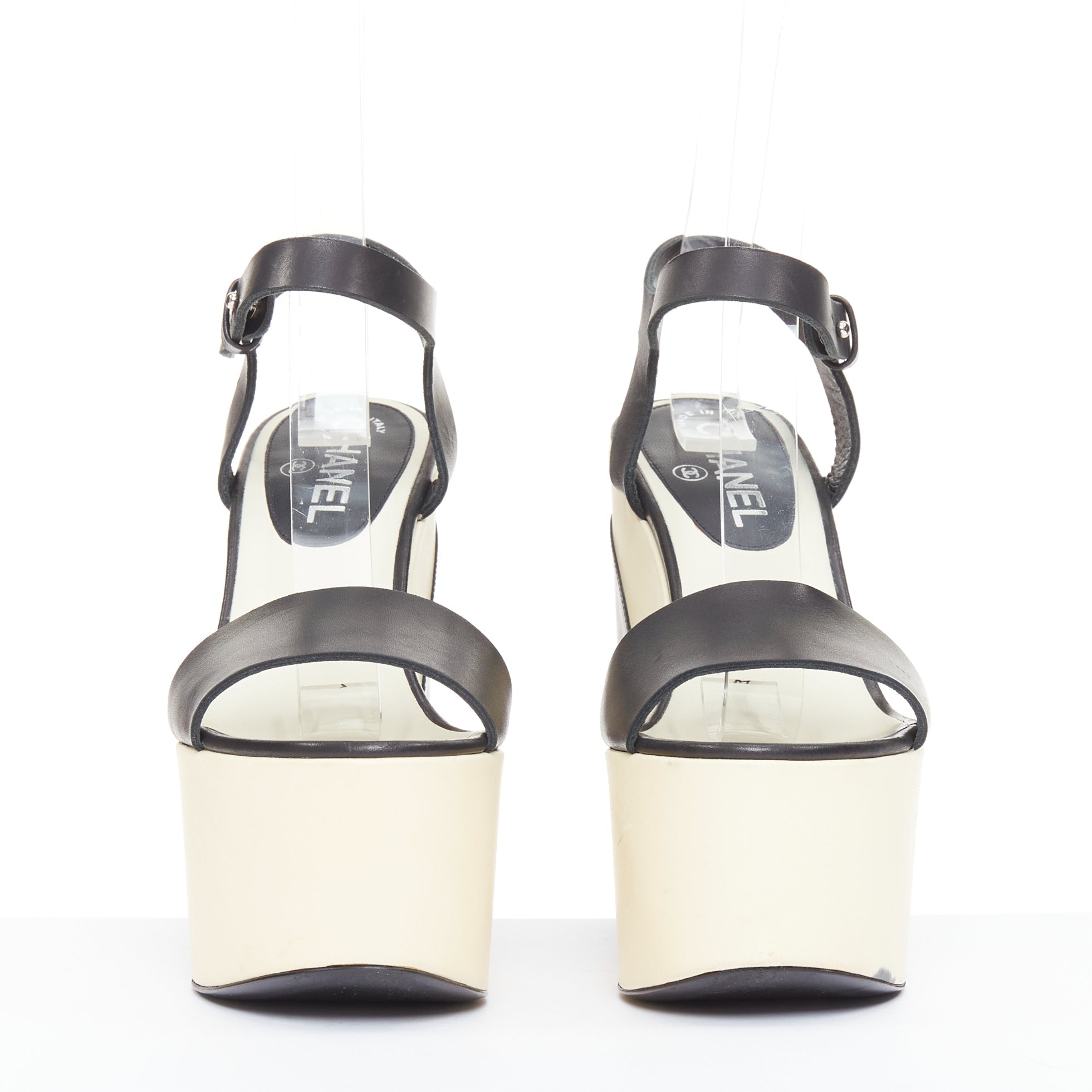 Women's Chanel bicolor calfskin silver CC wedge heels