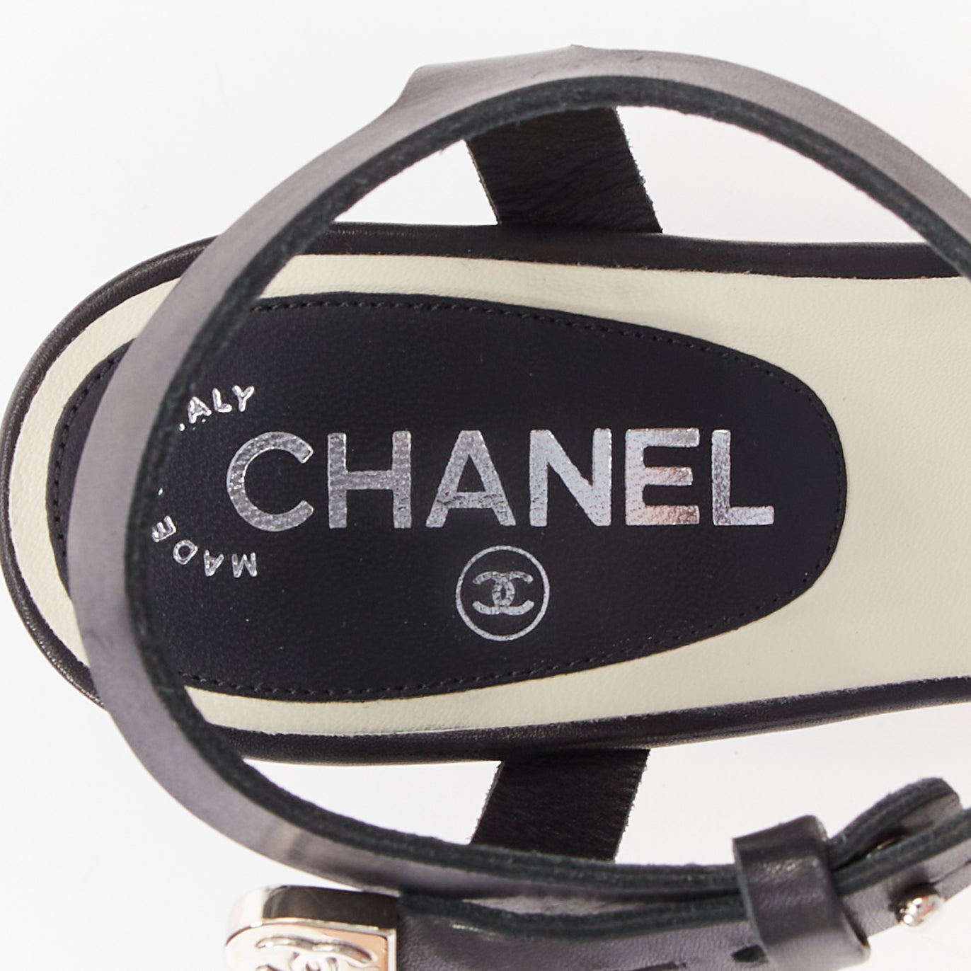Women's Chanel bicolor calfskin silver CC wedge heels