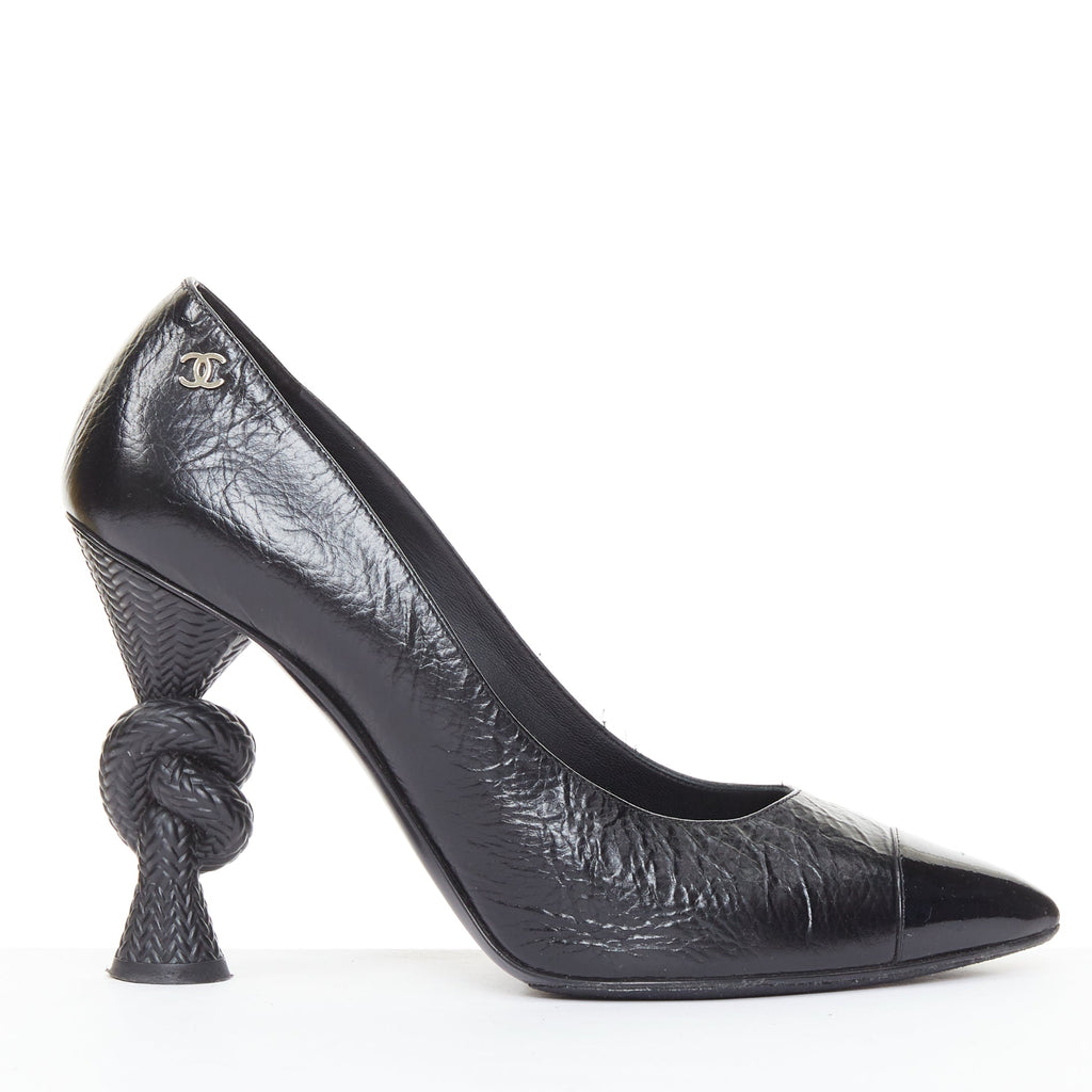 Women's Chanel Sculpted Sailor Knot black leather CC cap toe pumps