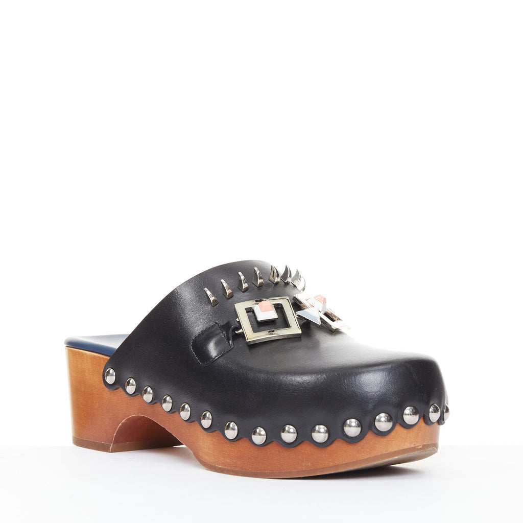 Women's Fendi Hypnoteyes Monster Bag Bug stud brown wooden clog mules