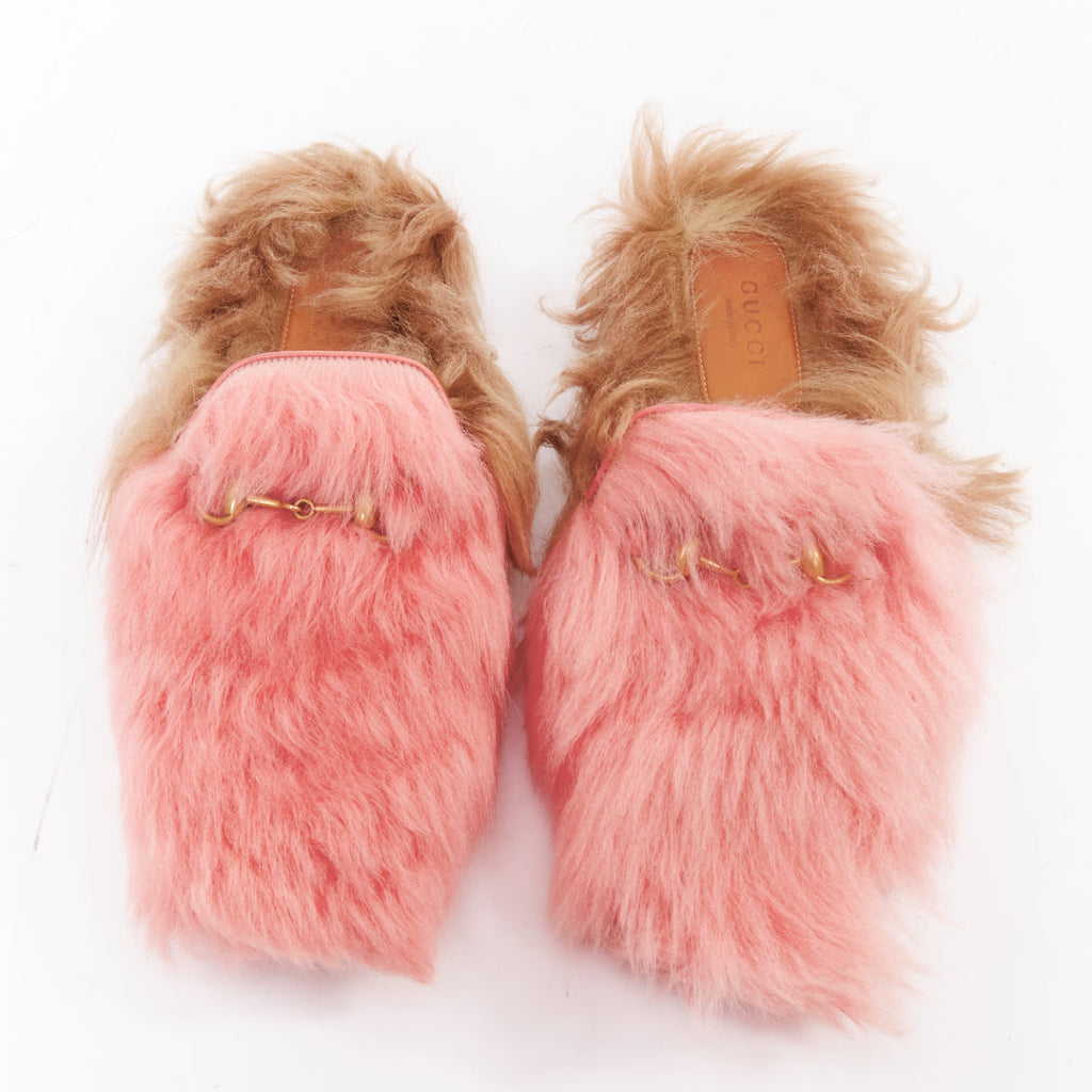Women's Gucci Princetown pink brown high pile fur horsebit mules