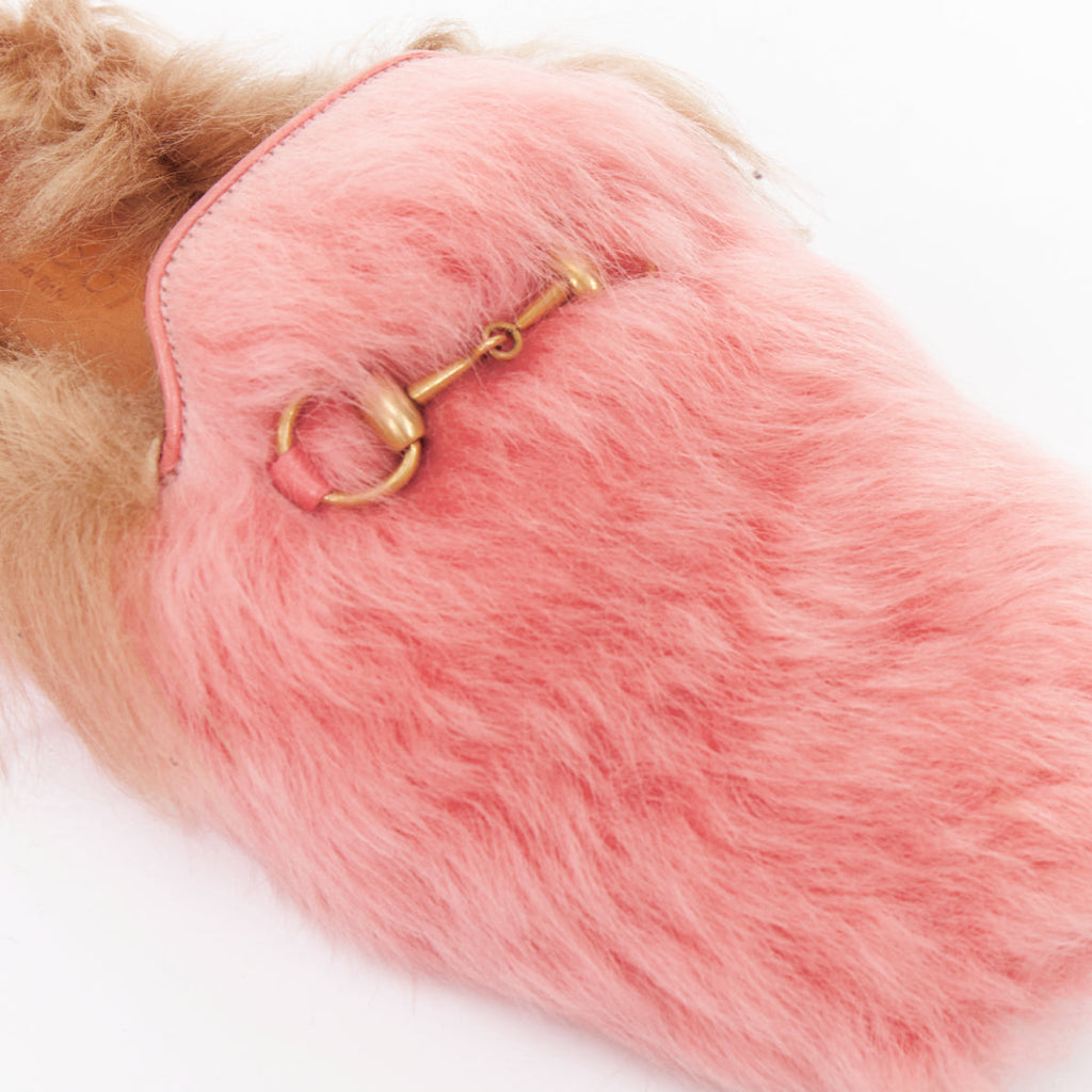 Women's Gucci Princetown pink brown high pile fur horsebit mules