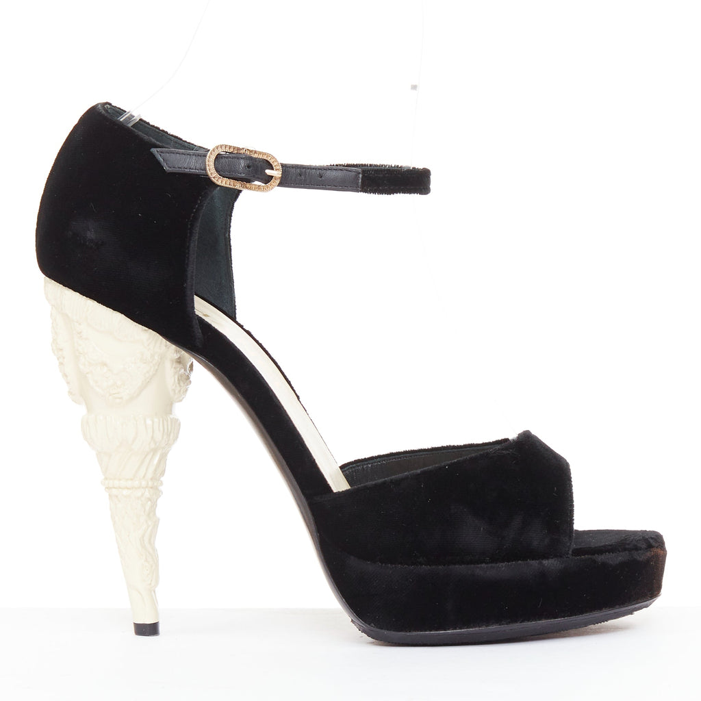 Women's Chanel Corinthian Column architectural heel velvet platform sandals