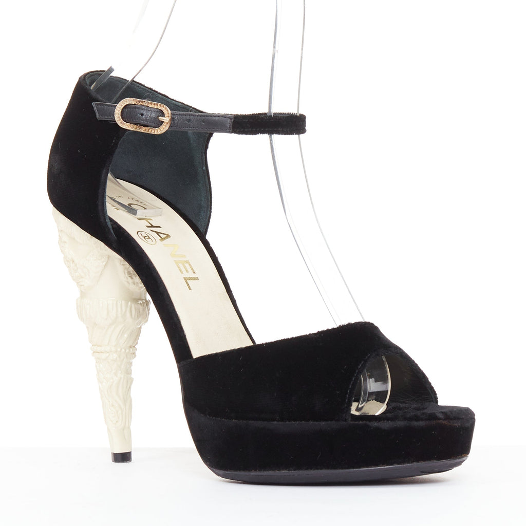 Women's Chanel Corinthian Column architectural heel velvet platform sandals