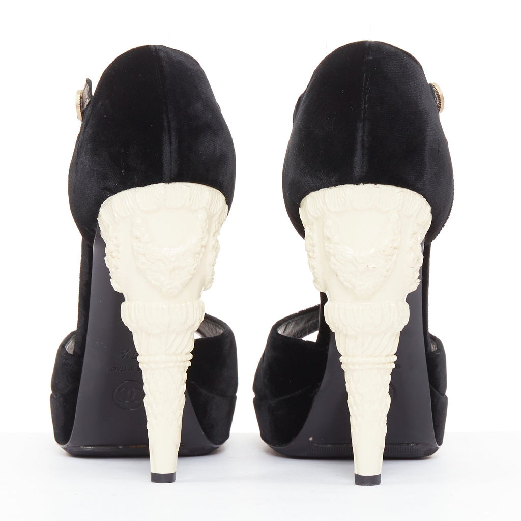 Women's Chanel Corinthian Column architectural heel velvet platform sandals