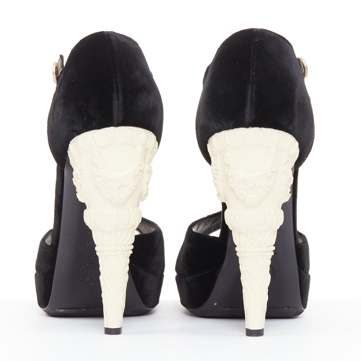 Women's Chanel Corinthian Column architectural heel velvet platform sandals