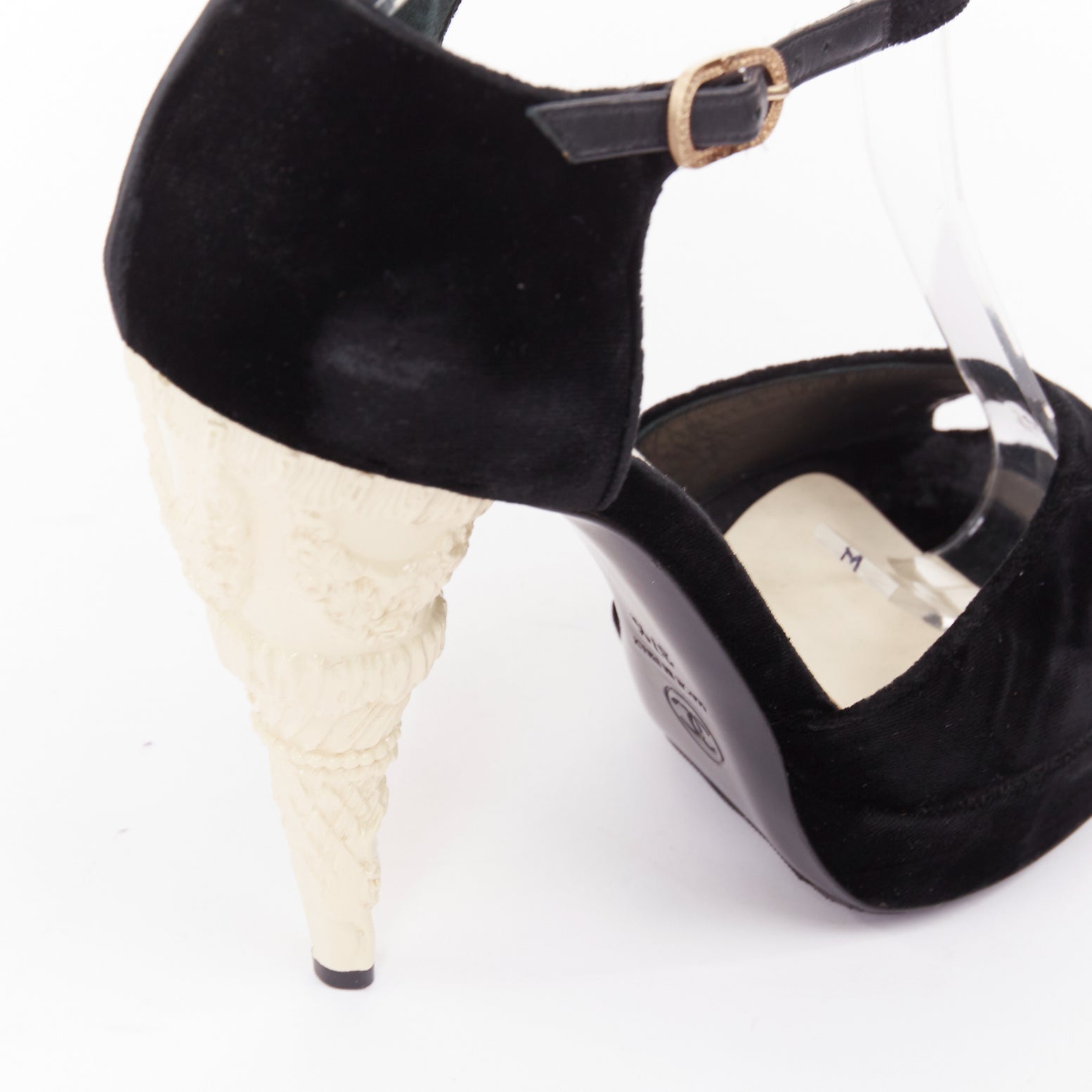Women's Chanel Corinthian Column architectural heel velvet platform sandals