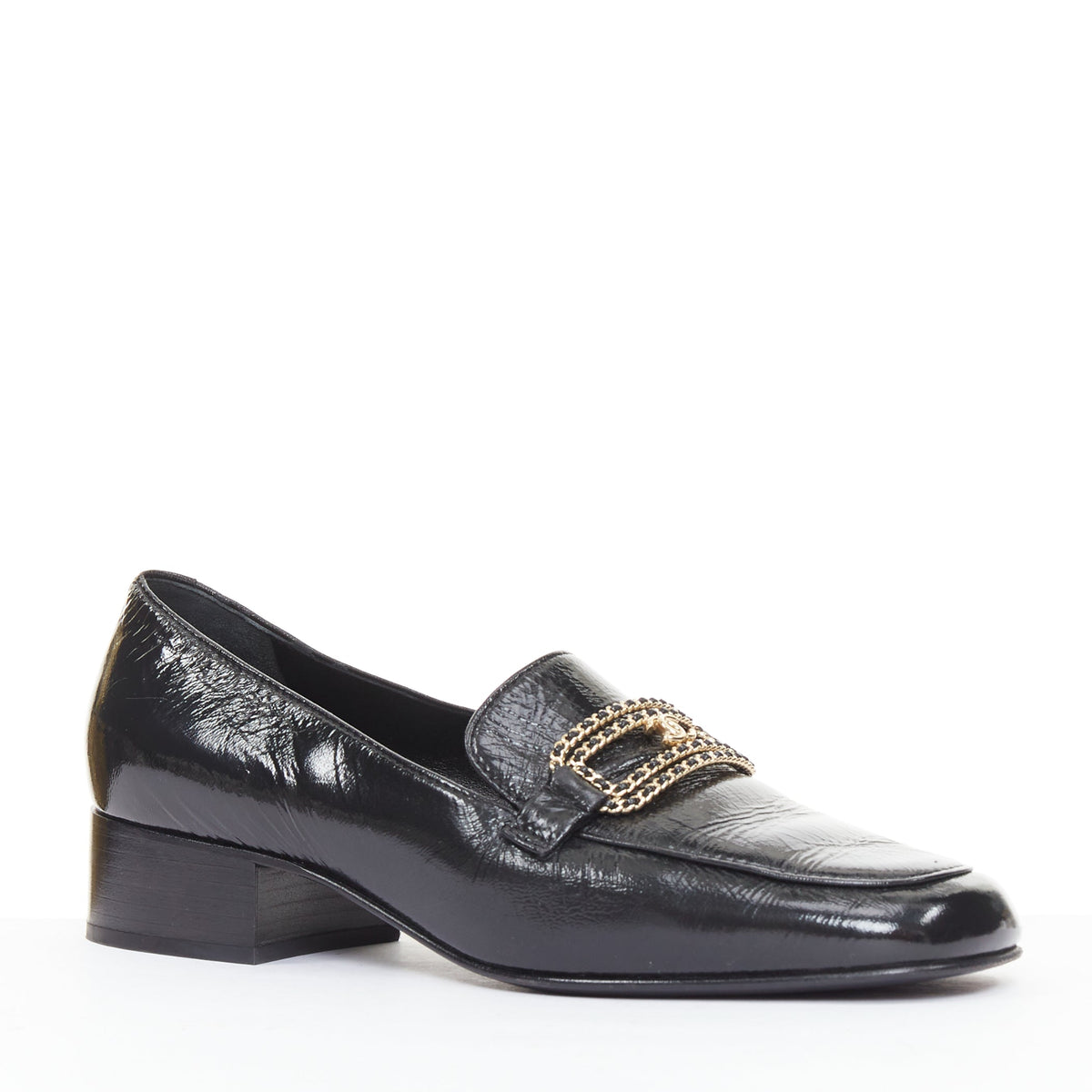 Women's Chanel black textured calfskin gold CC chain link moccasin