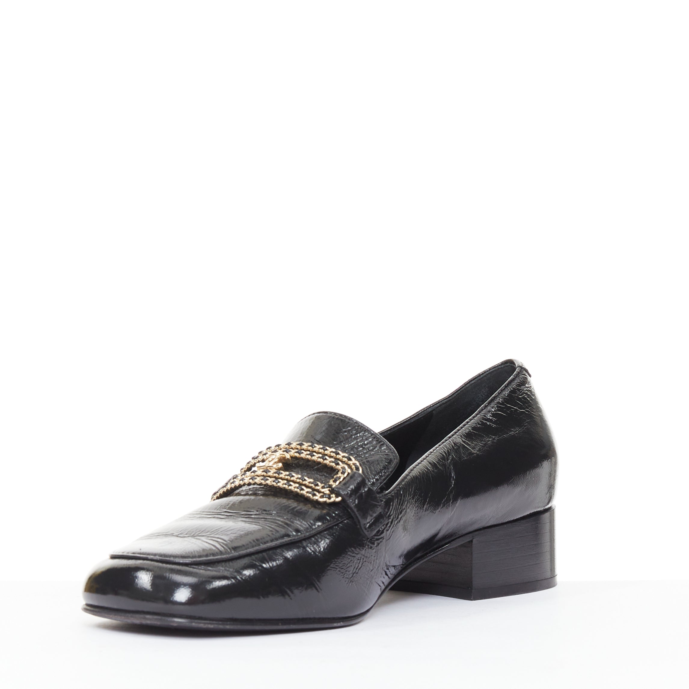 Women's Chanel black textured calfskin gold CC chain link moccasin
