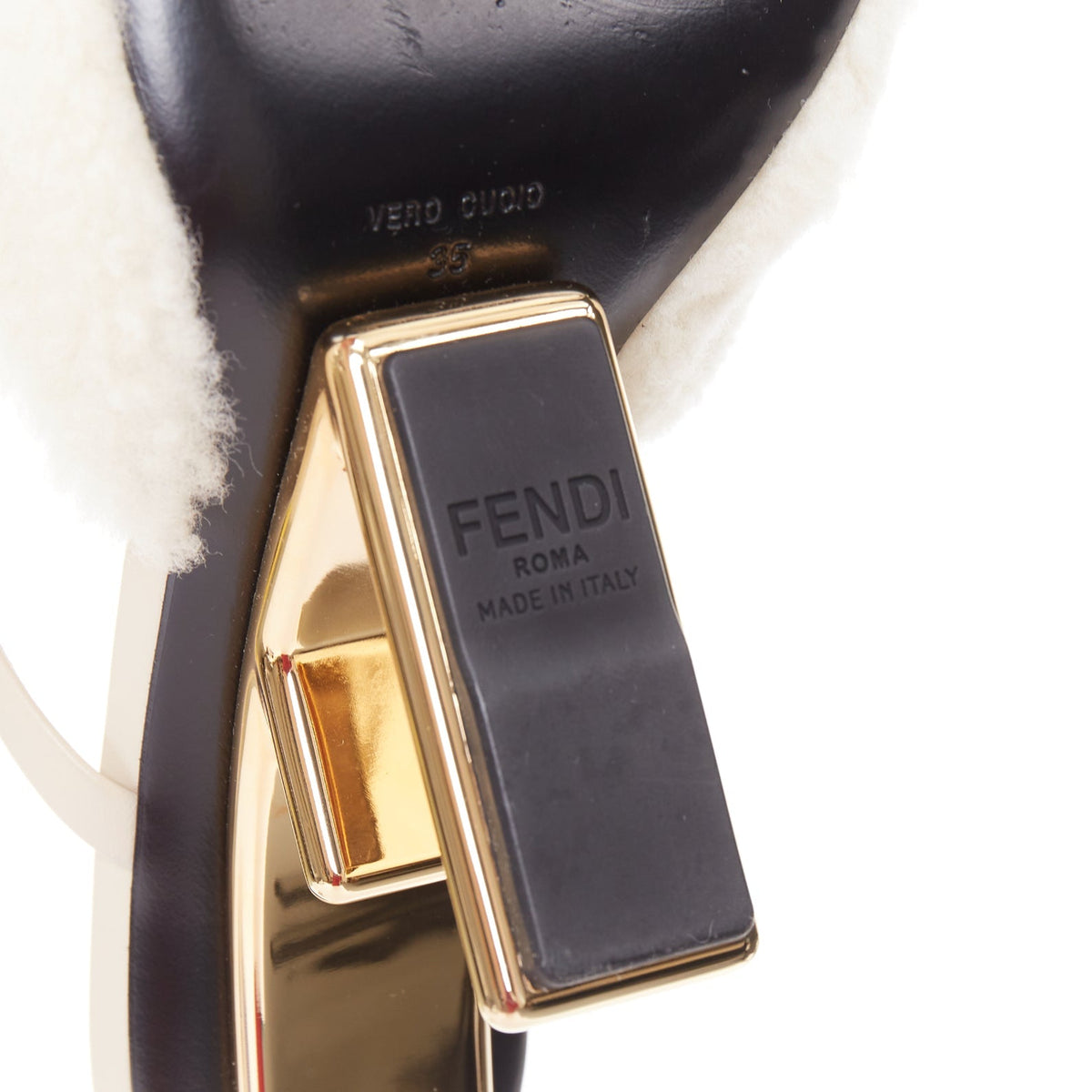 Women's Fendi First cream shearling gold F heel mule sandals