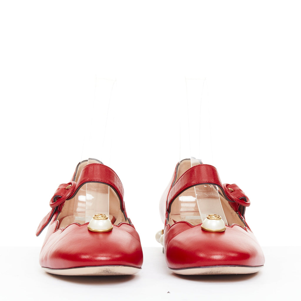 Women's Gucci Willow red calf leather GG pearl embellished flats shoes