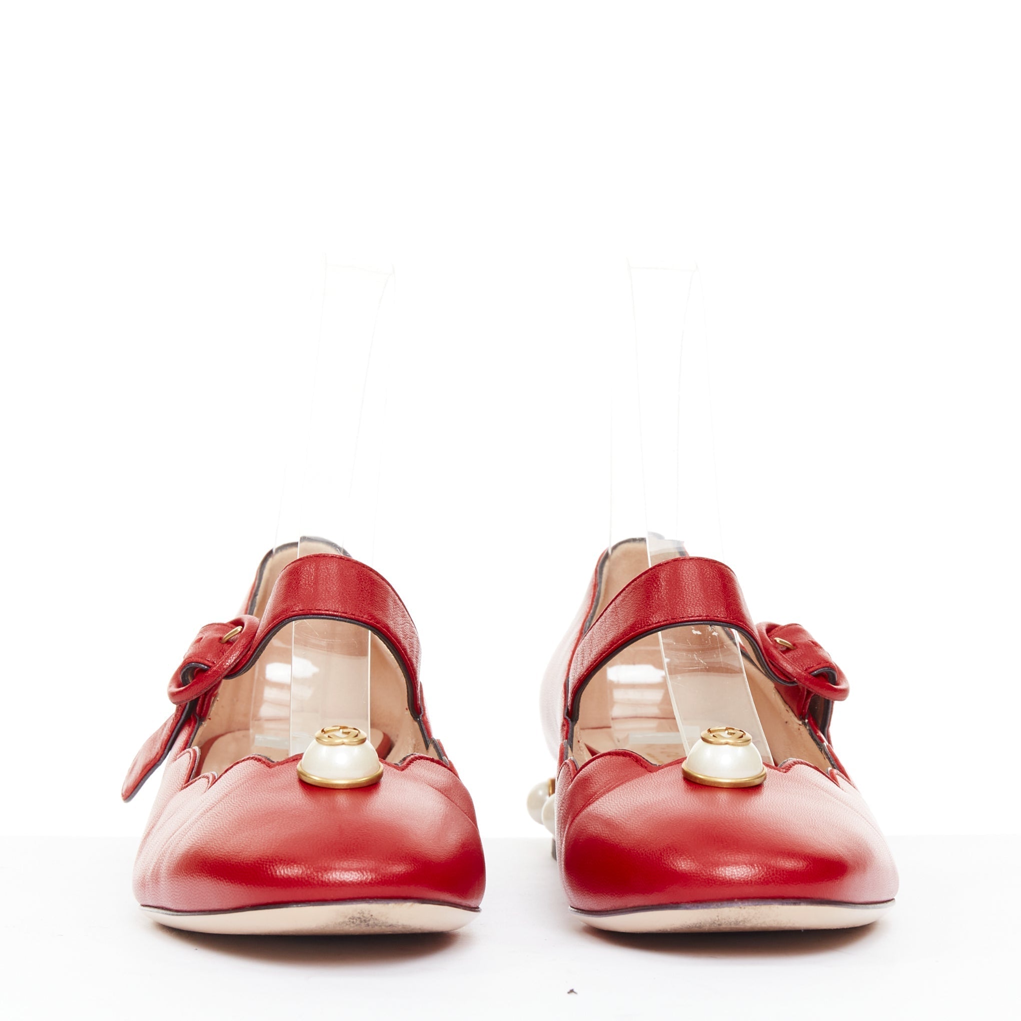 Women's Gucci Willow red calf leather GG pearl embellished flats shoes