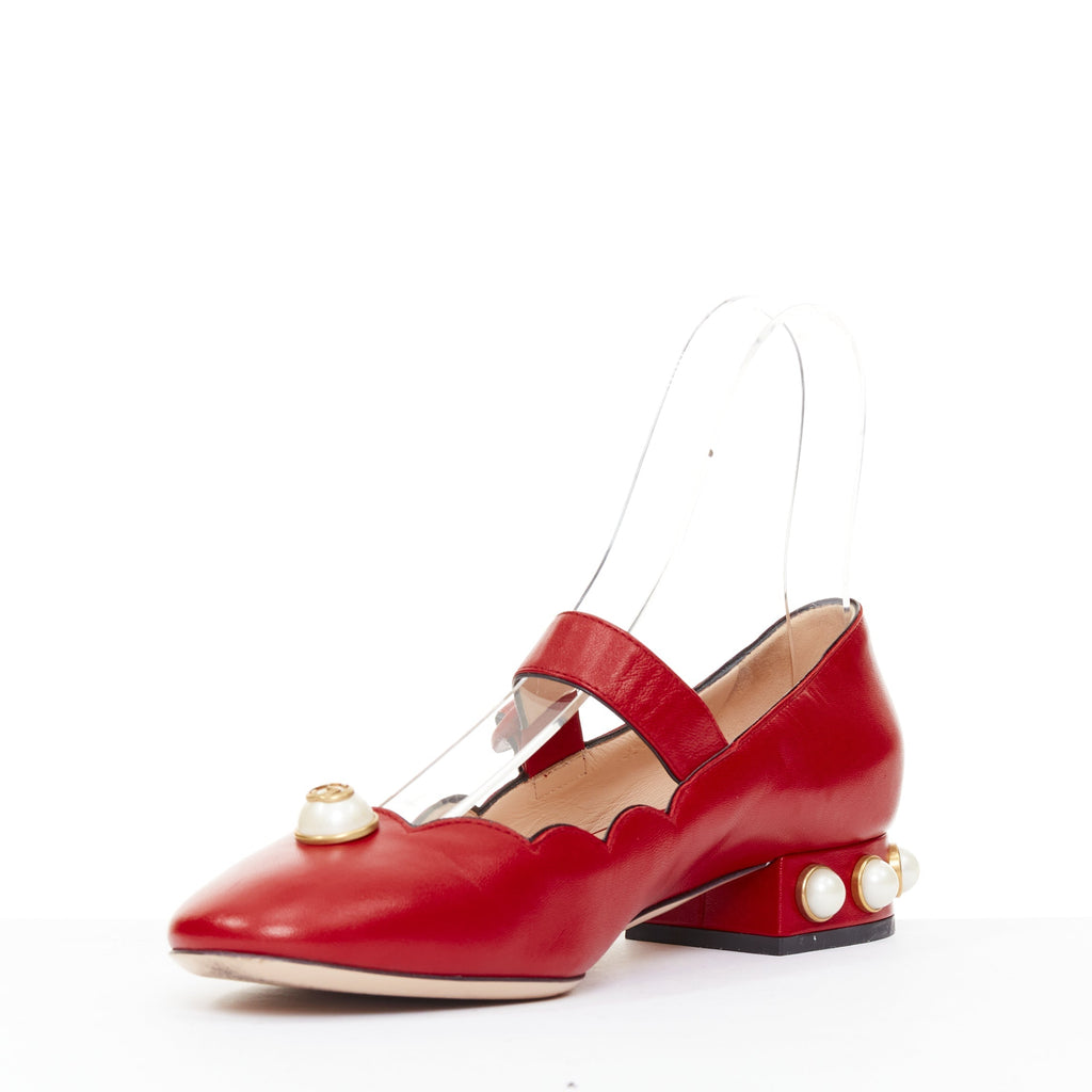 Women's Gucci Willow red calf leather GG pearl embellished flats shoes