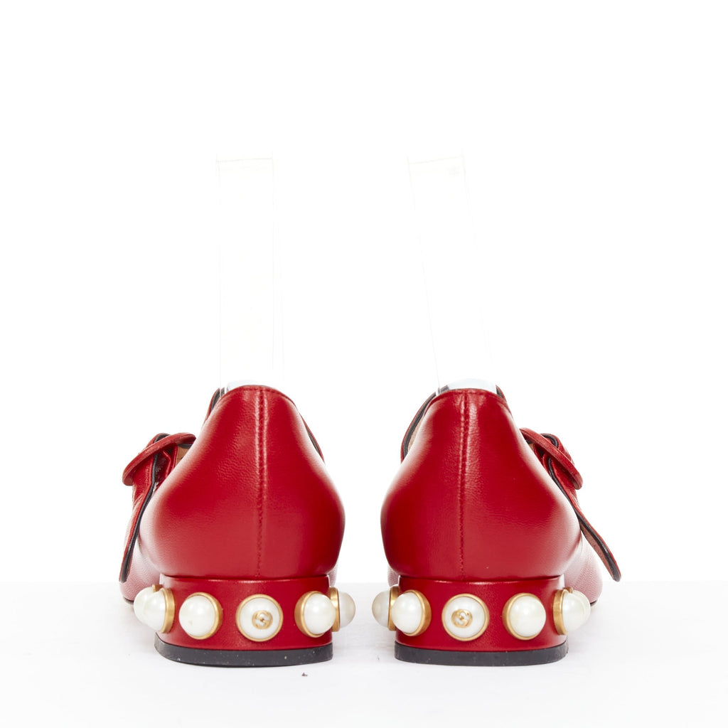 Women's Gucci Willow red calf leather GG pearl embellished flats shoes
