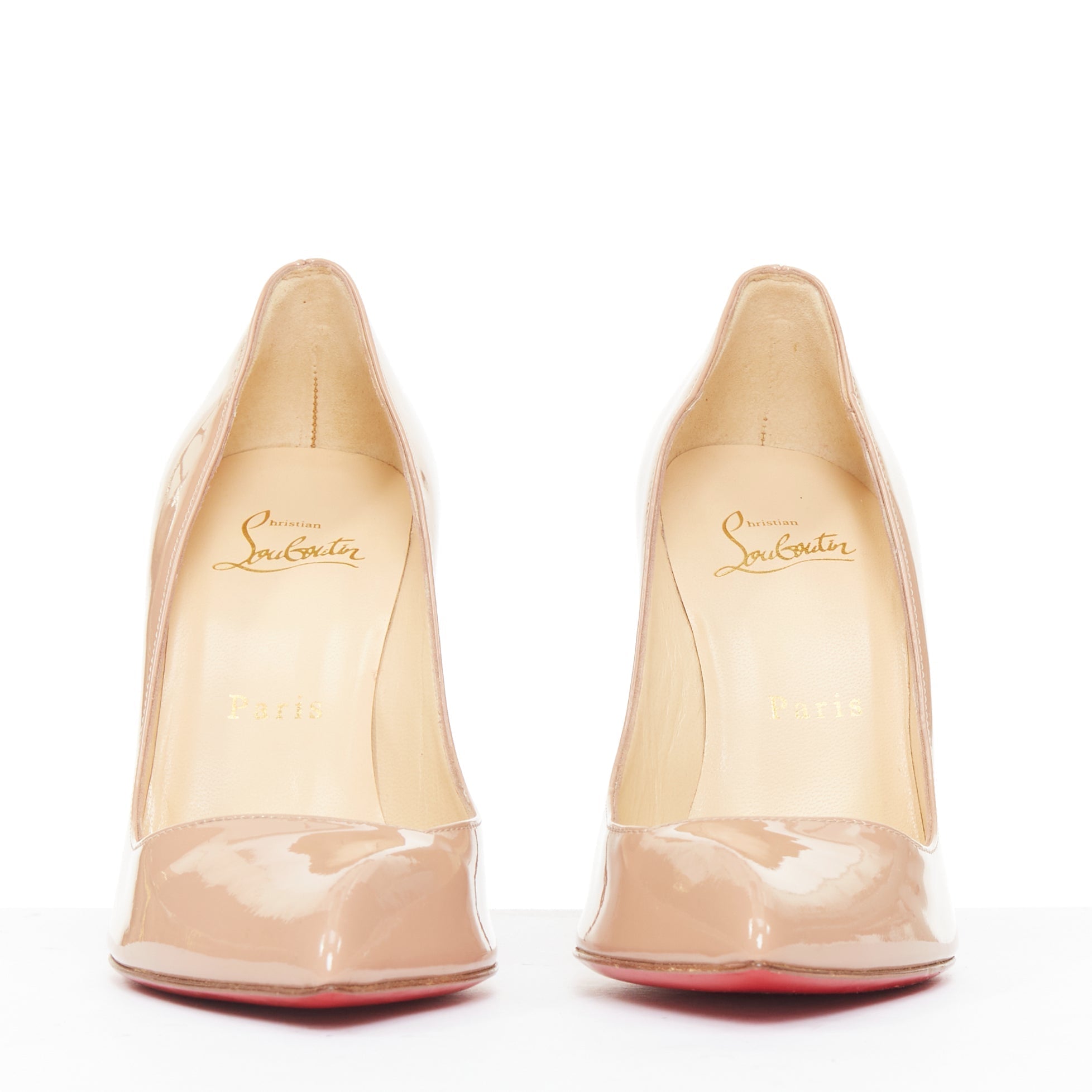 Women's Christian Louboutin Pigalle nude patent leather point toe pumps