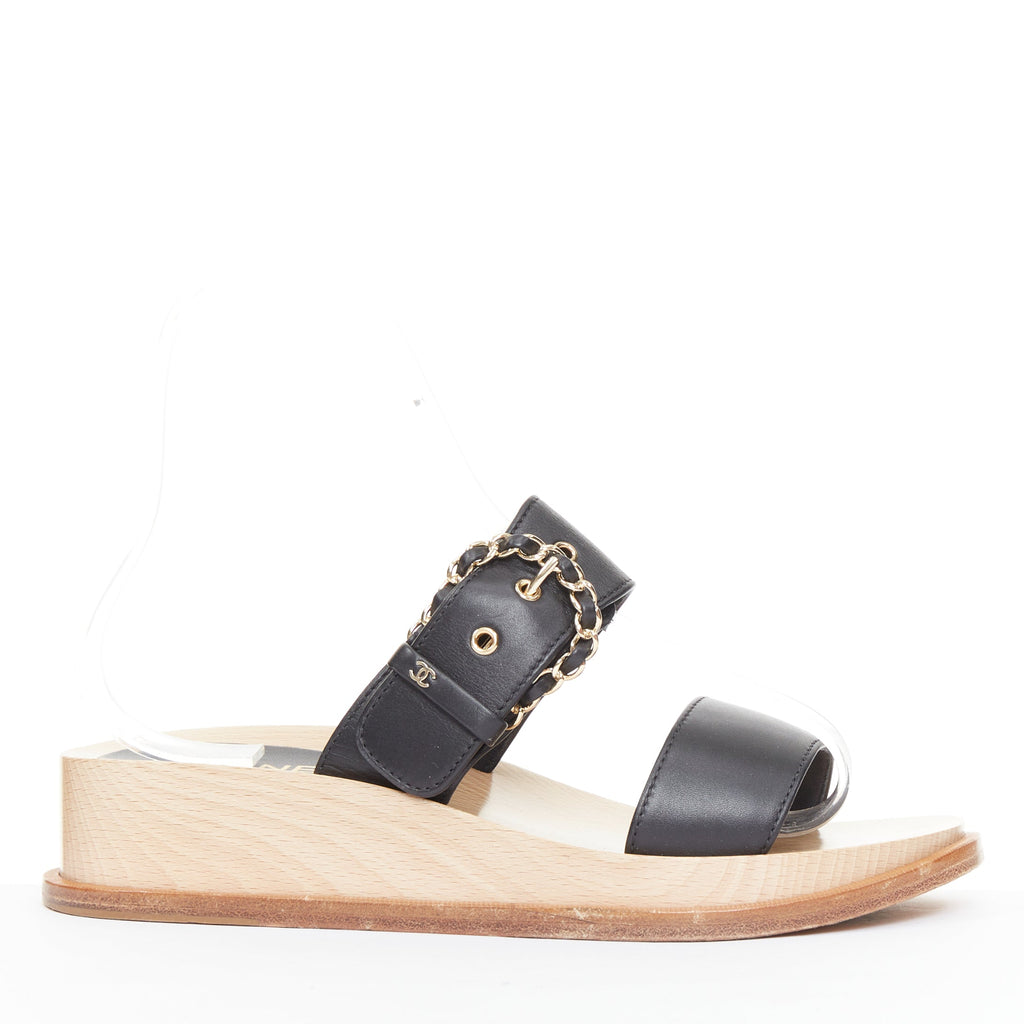 Women's Chanel black calfskin chain buckle wooden slide wedge sandals
