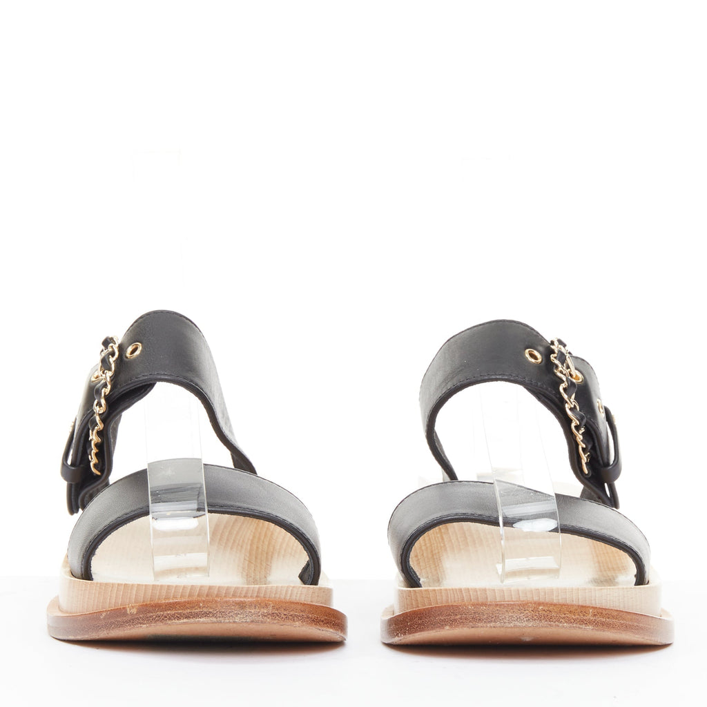 Women's Chanel black calfskin chain buckle wooden slide wedge sandals
