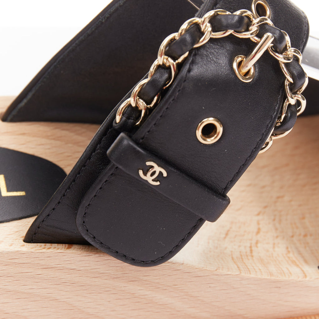Women's Chanel black calfskin chain buckle wooden slide wedge sandals