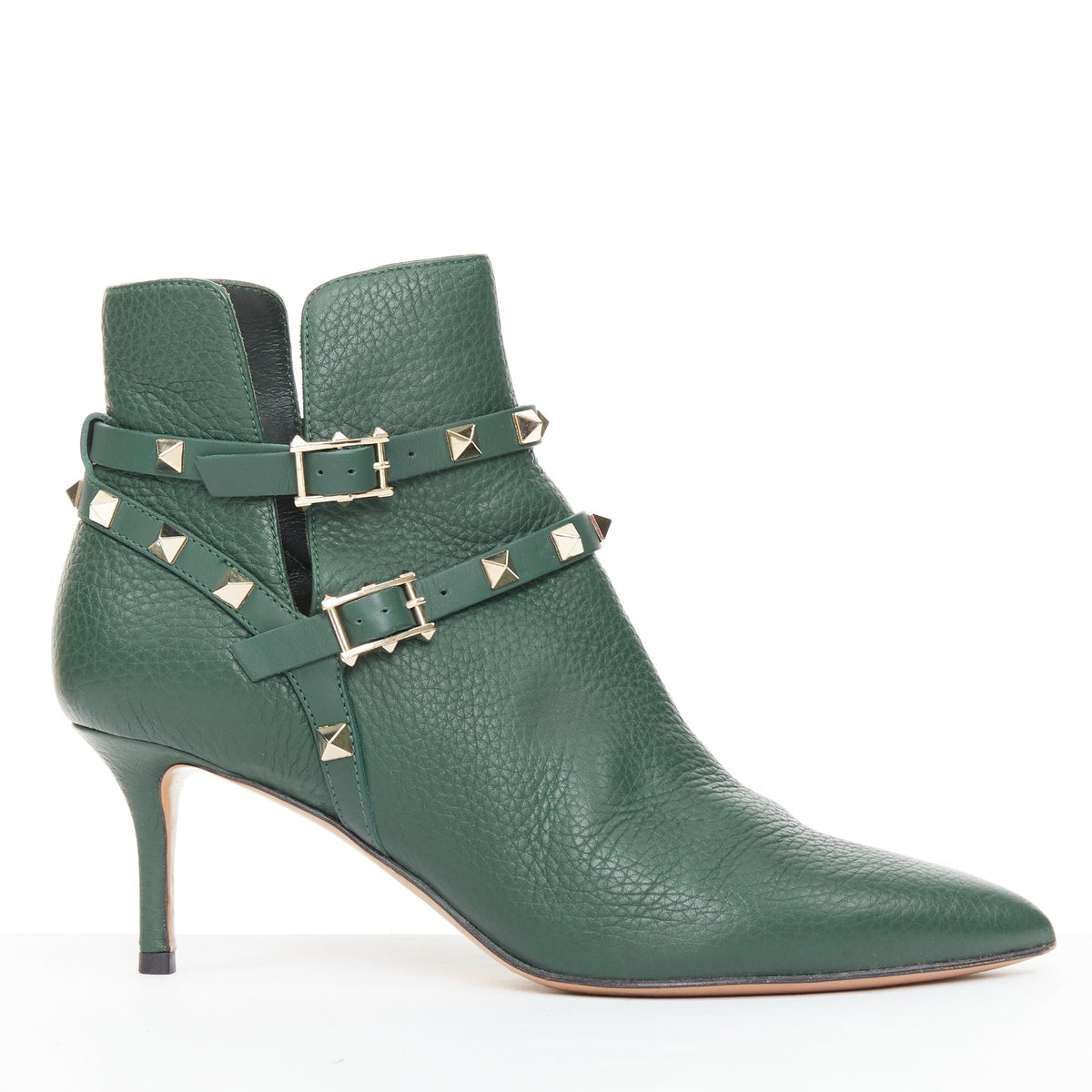 Women's Valentino Rockstud green pebbled leather gold stud boots