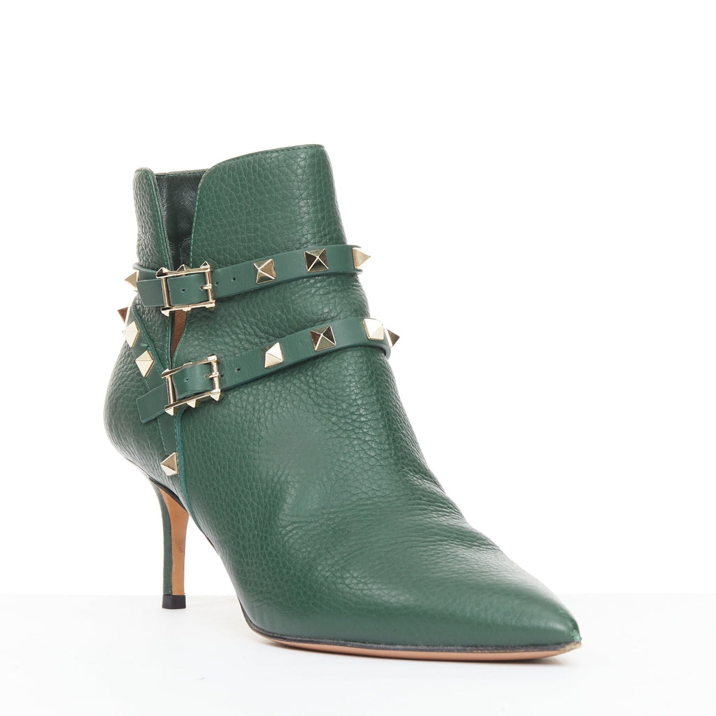 Women's Valentino Rockstud green pebbled leather gold stud boots