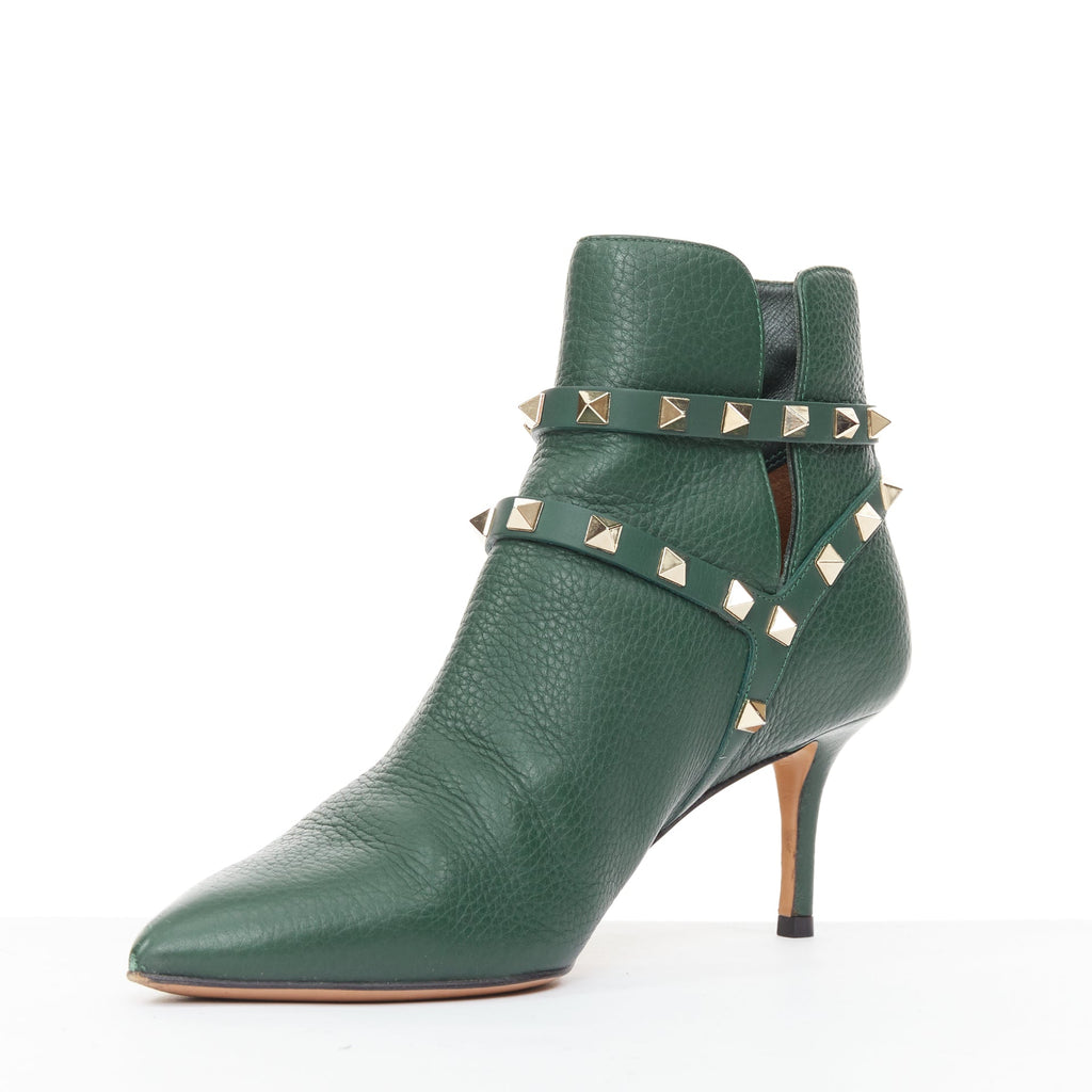 Women's Valentino Rockstud green pebbled leather gold stud boots