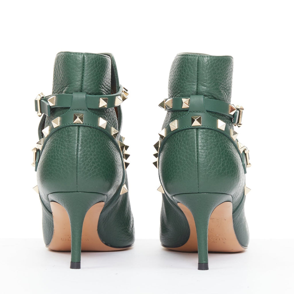 Women's Valentino Rockstud green pebbled leather gold stud boots