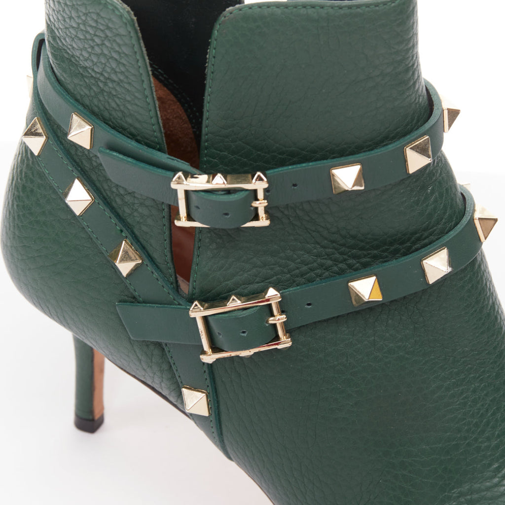 Women's Valentino Rockstud green pebbled leather gold stud boots