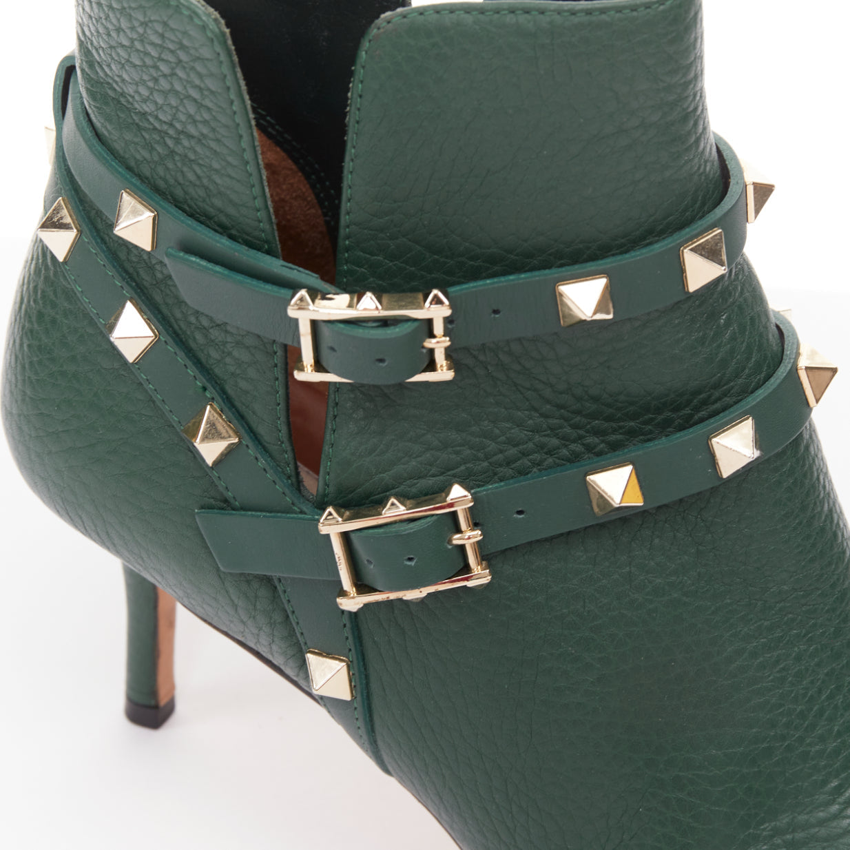 Women's Valentino Rockstud green pebbled leather gold stud boots