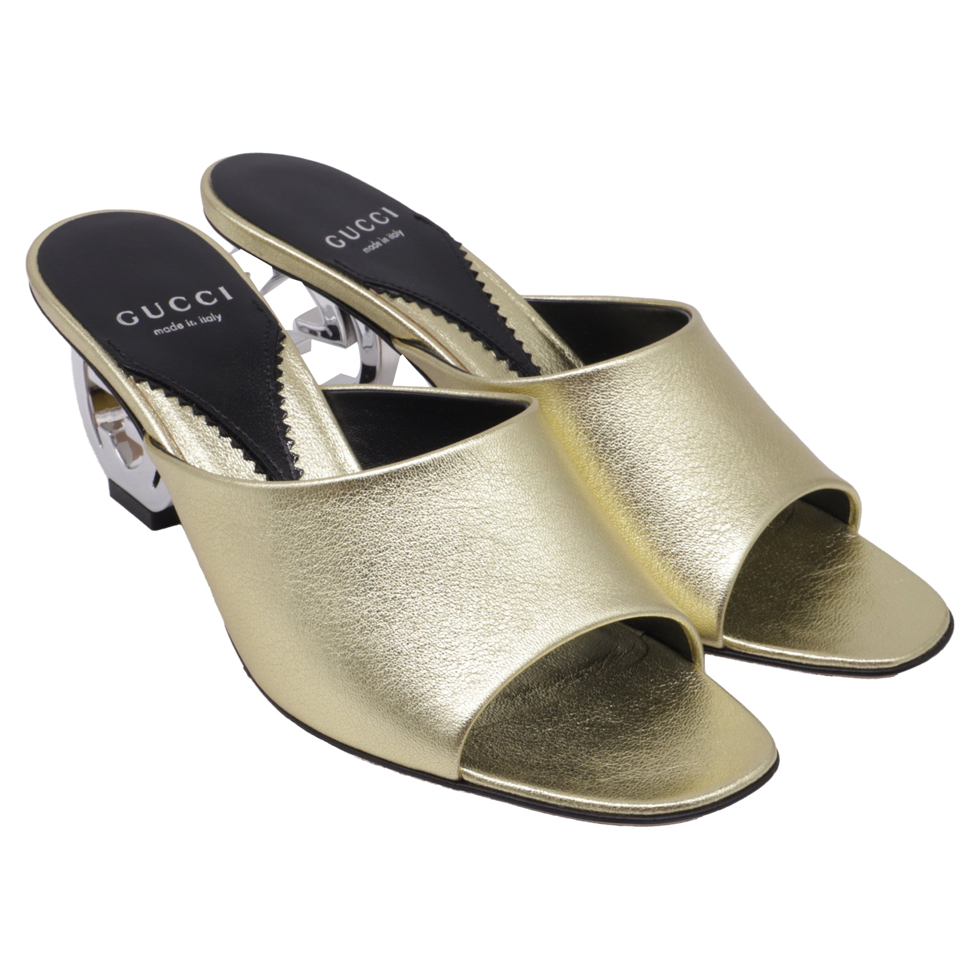 Women's  Gucci Bella Heeled Mules in Metallic Gold Leather
