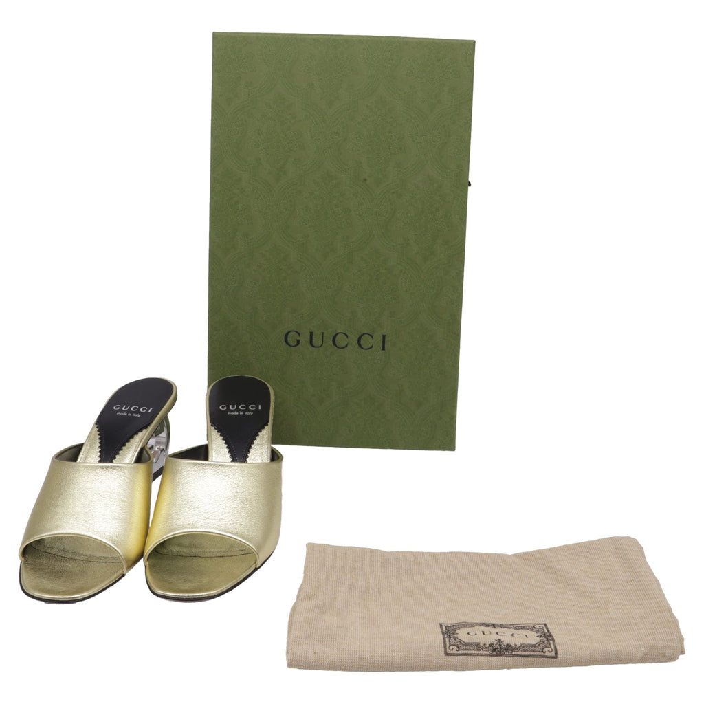 Women's  Gucci Bella Heeled Mules in Metallic Gold Leather