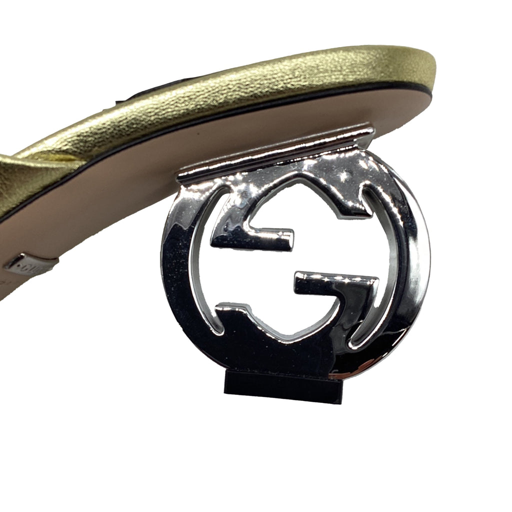 Women's  Gucci Bella Heeled Mules in Metallic Gold Leather