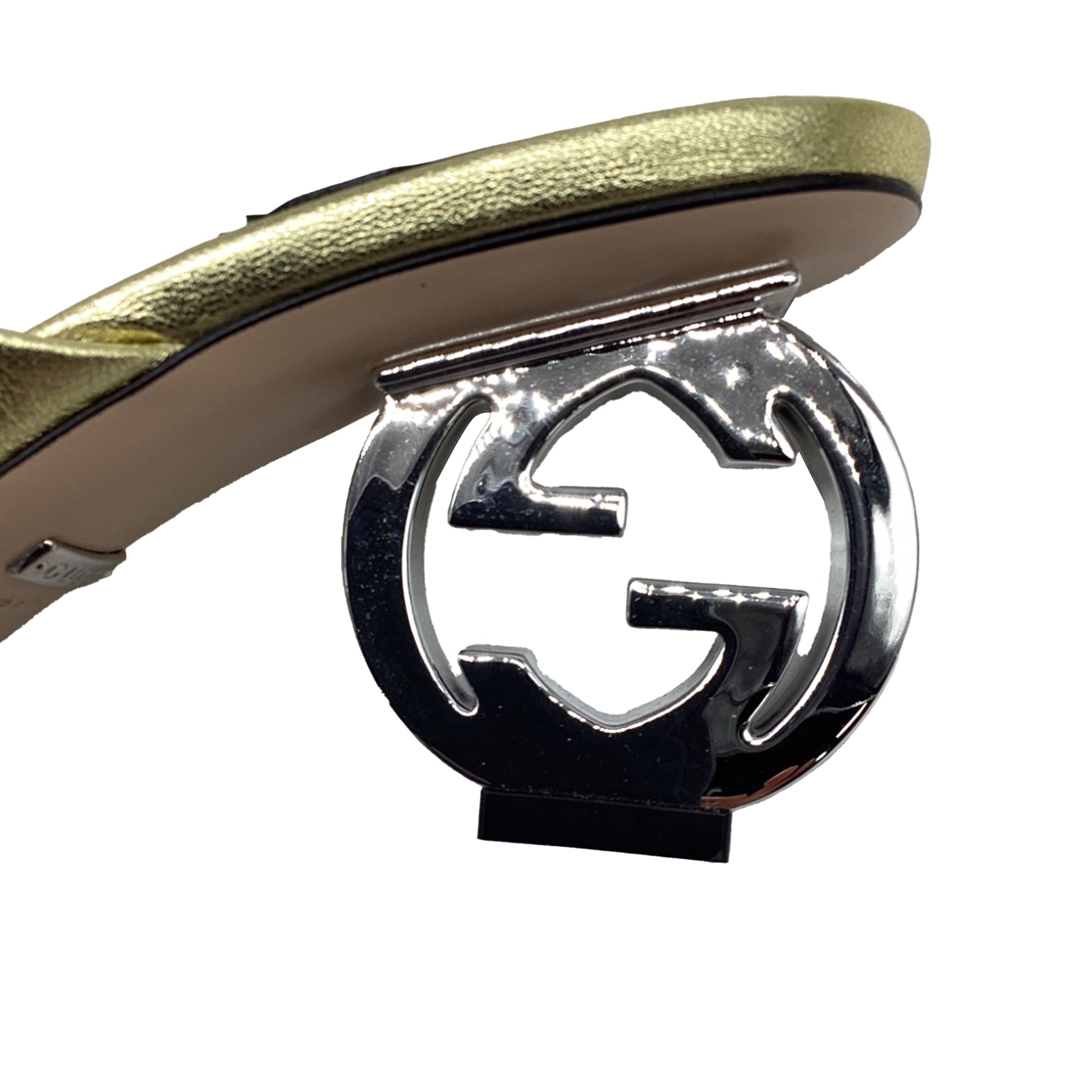 Women's  Gucci Bella Heeled Mules in Metallic Gold Leather
