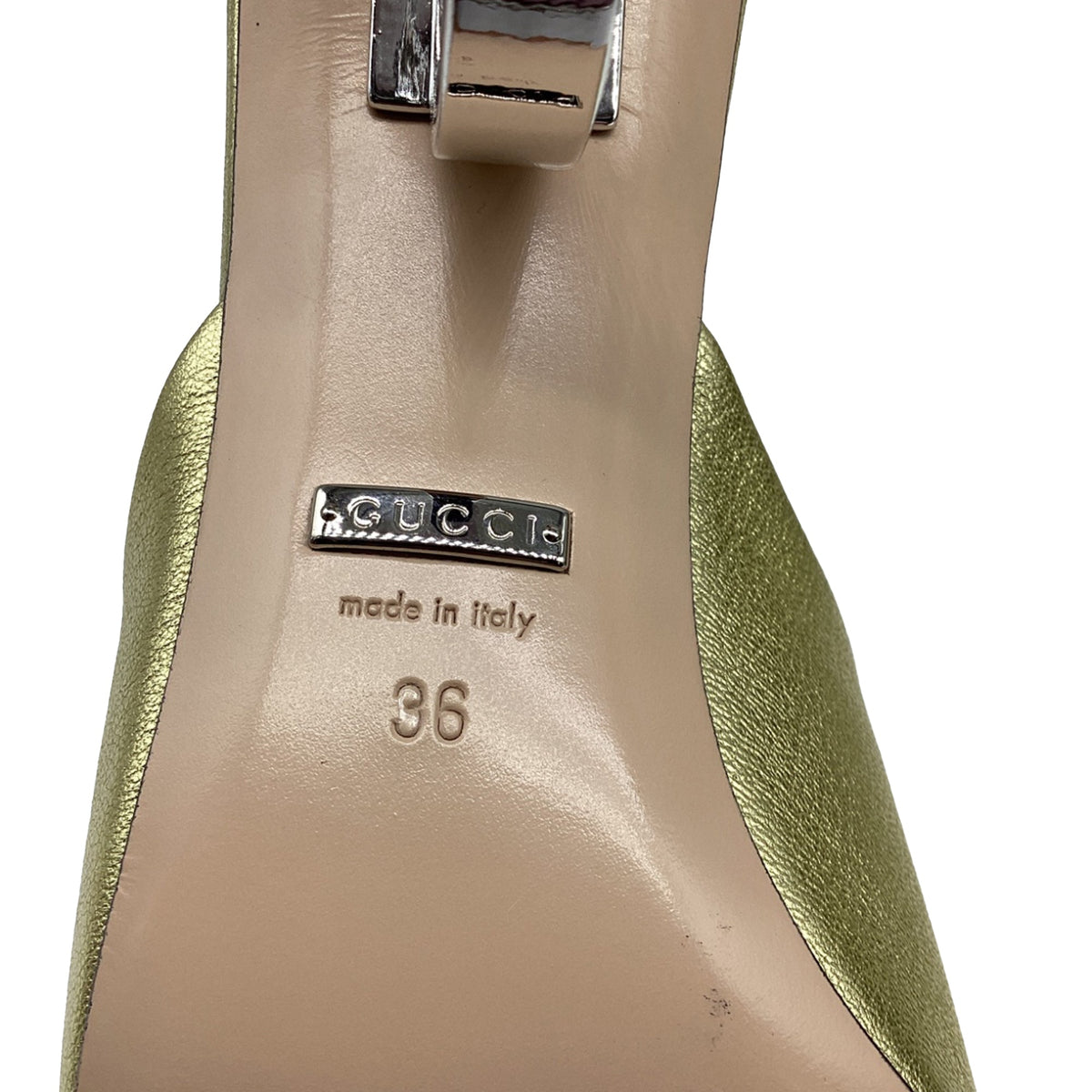 Women's  Gucci Bella Heeled Mules in Metallic Gold Leather