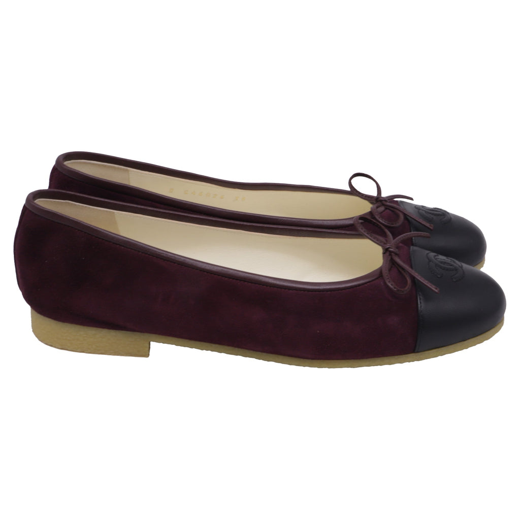 Women's  Chanel CC Bow Cap-Toe Ballet Flats in Burgundy Suede