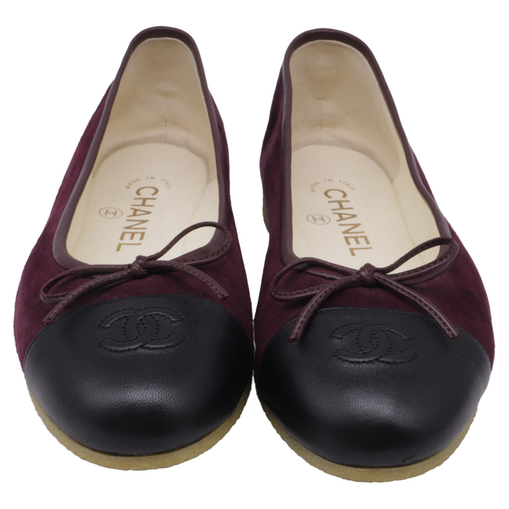 Women's  Chanel CC Bow Cap-Toe Ballet Flats in Burgundy Suede
