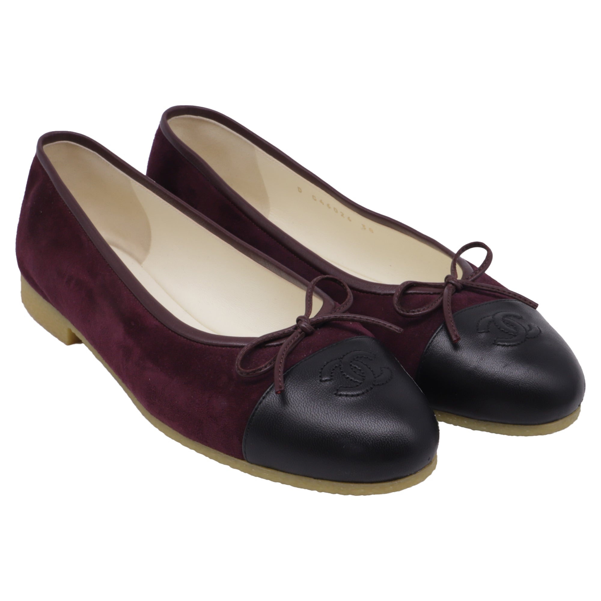 Women's  Chanel CC Bow Cap-Toe Ballet Flats in Burgundy Suede