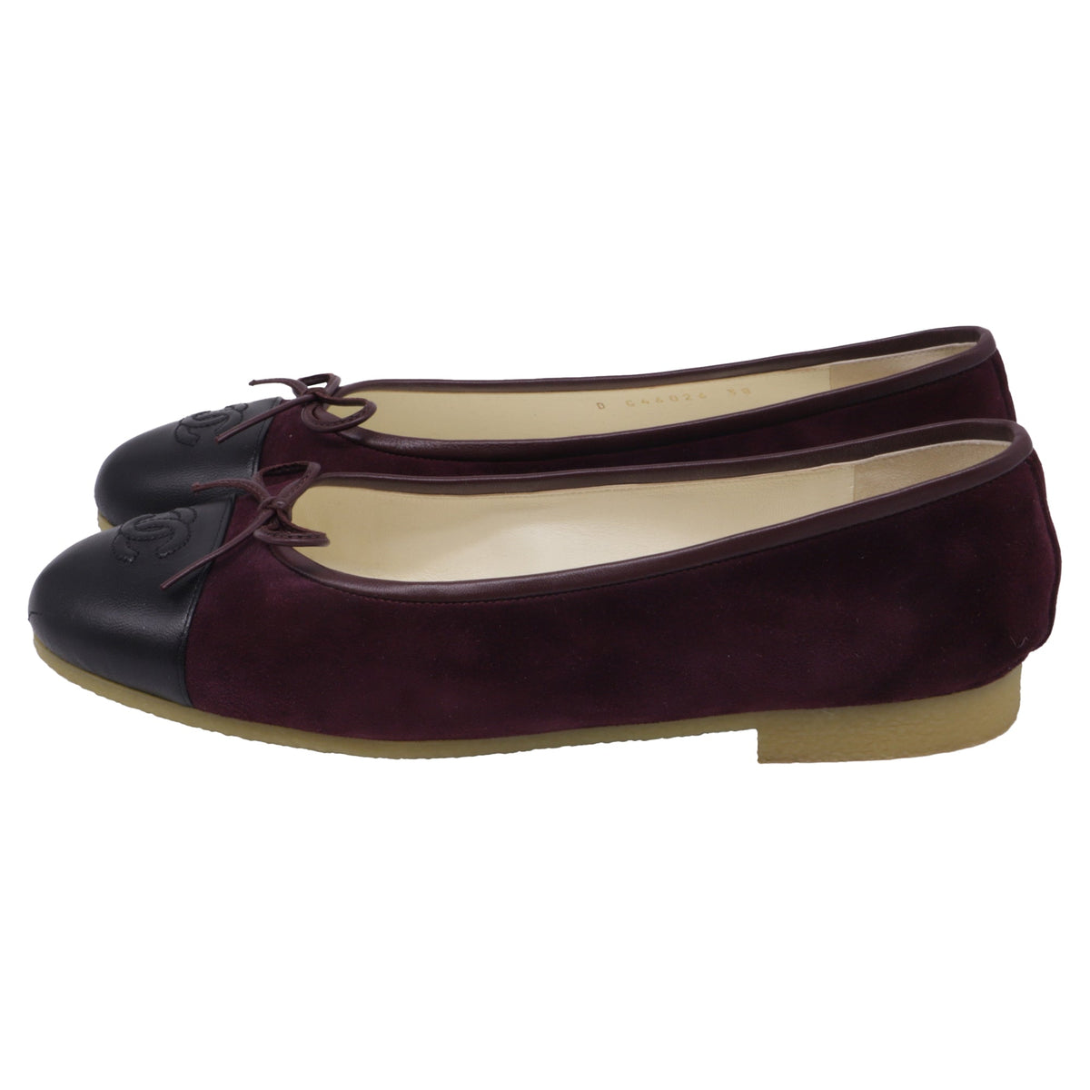 Women's  Chanel CC Bow Cap-Toe Ballet Flats in Burgundy Suede