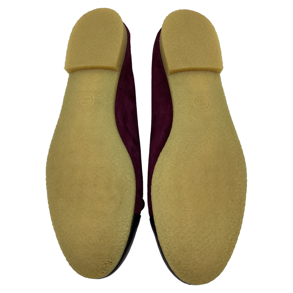 Women's  Chanel CC Bow Cap-Toe Ballet Flats in Burgundy Suede