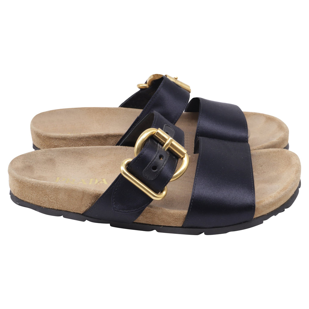 Women's  Prada Double-Strap Slide Sandals in Black Satin