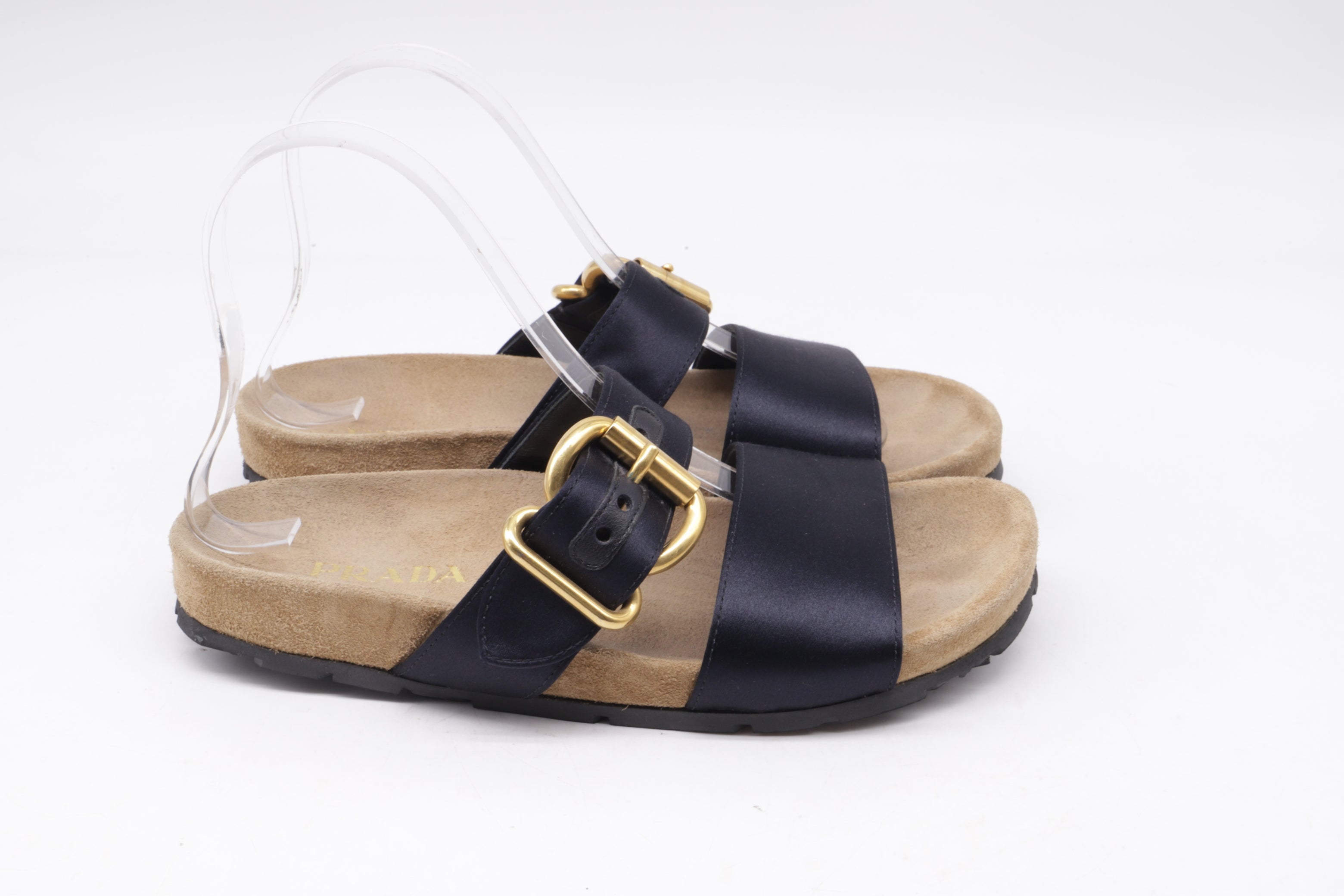 Women's  Prada Double-Strap Slide Sandals in Black Satin
