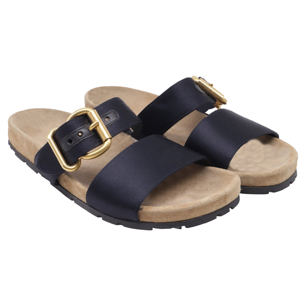 Women's  Prada Double-Strap Slide Sandals in Black Satin