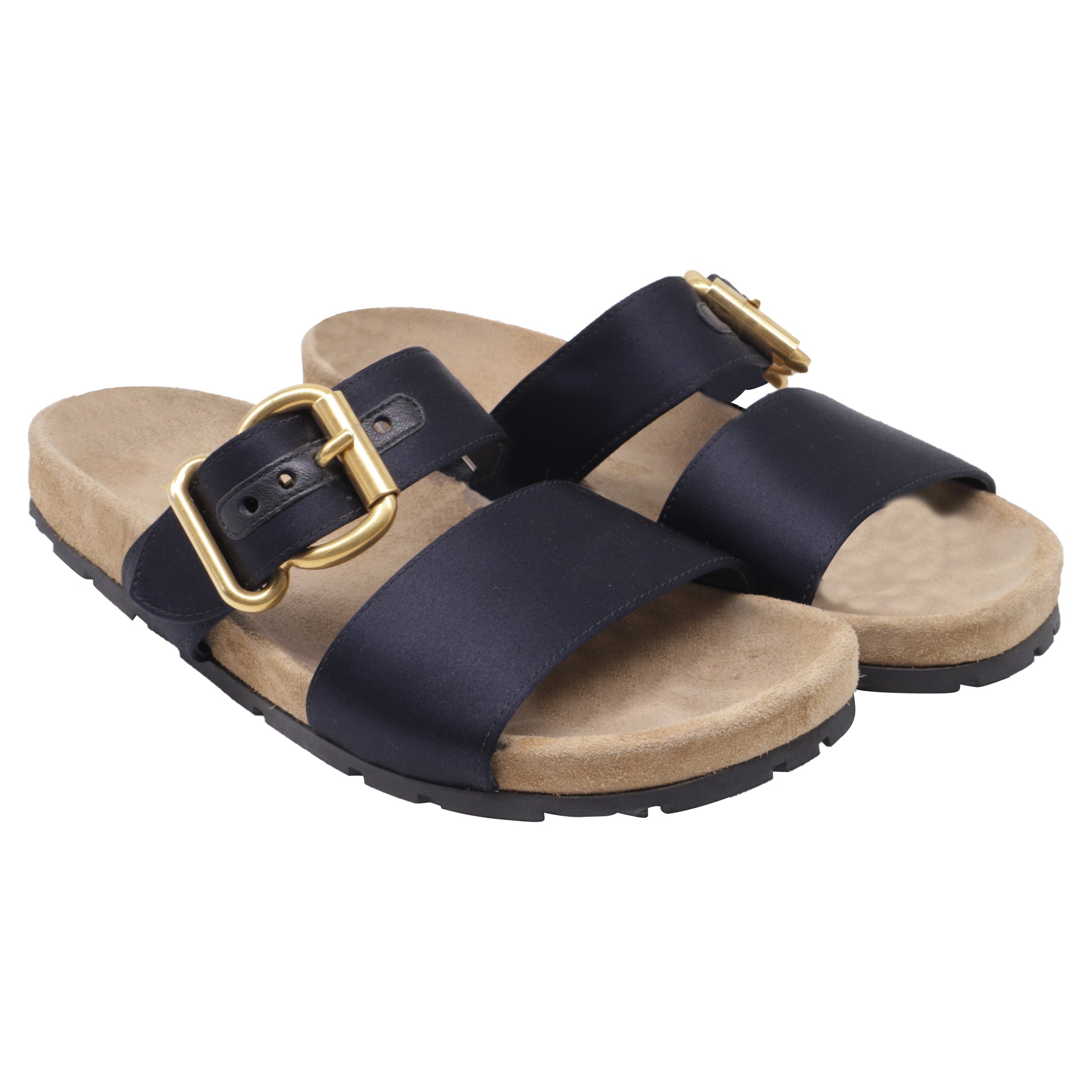Women's  Prada Double-Strap Slide Sandals in Black Satin
