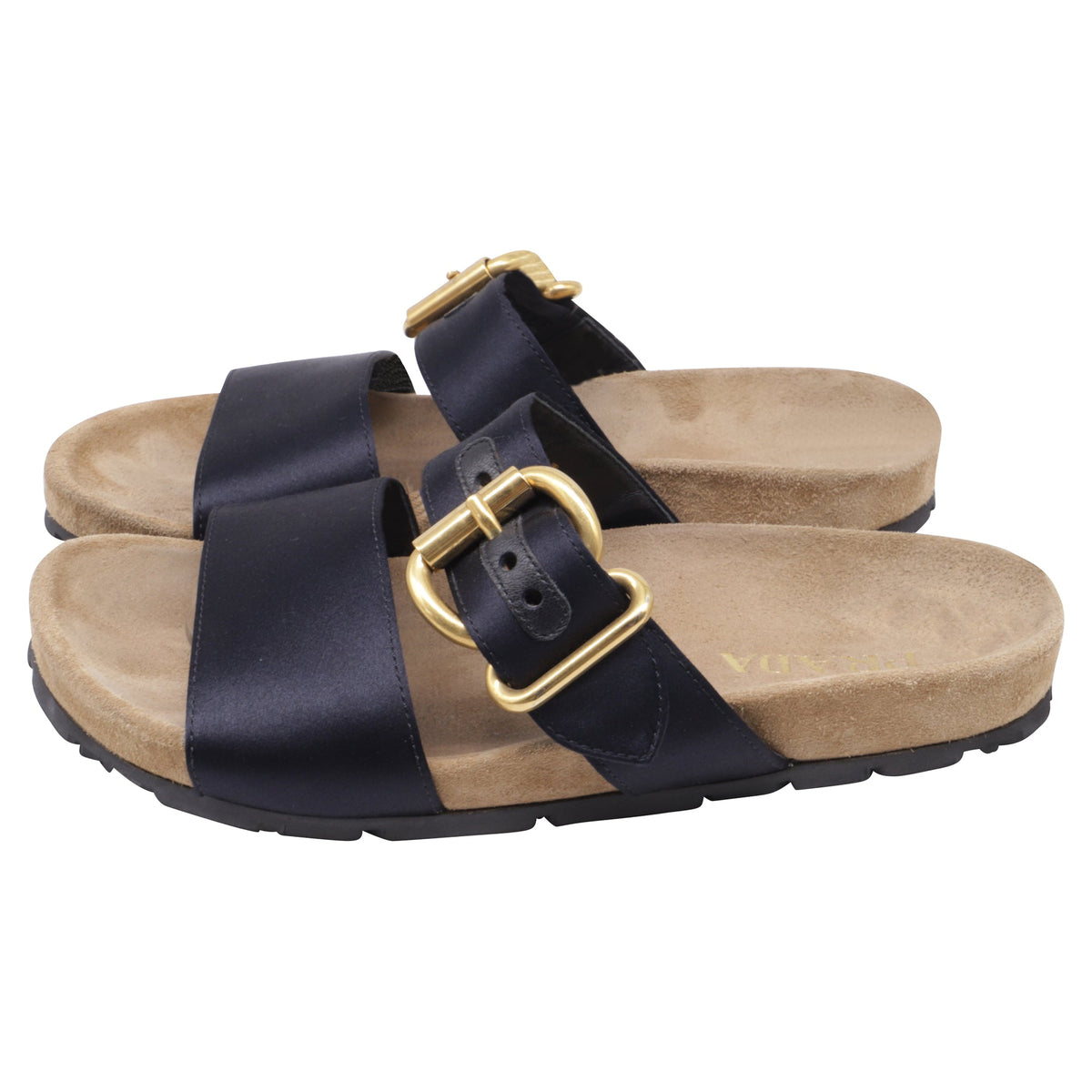Women's  Prada Double-Strap Slide Sandals in Black Satin