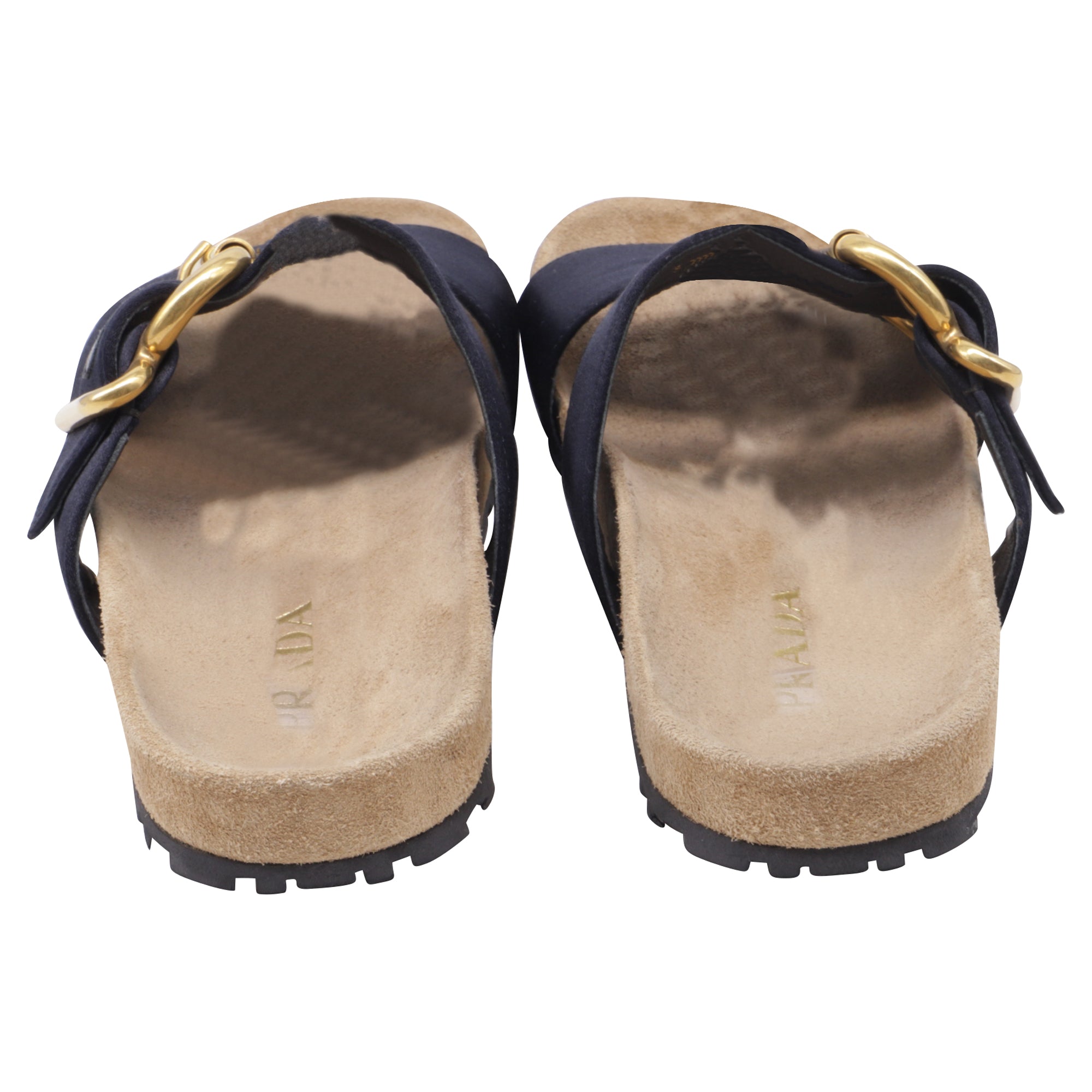 Women's  Prada Double-Strap Slide Sandals in Black Satin