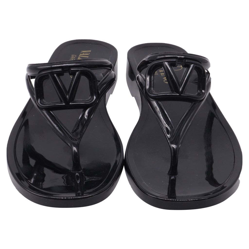Women's  Valentino Garavani VLogo Thong Slide Sandals in Black Rubber