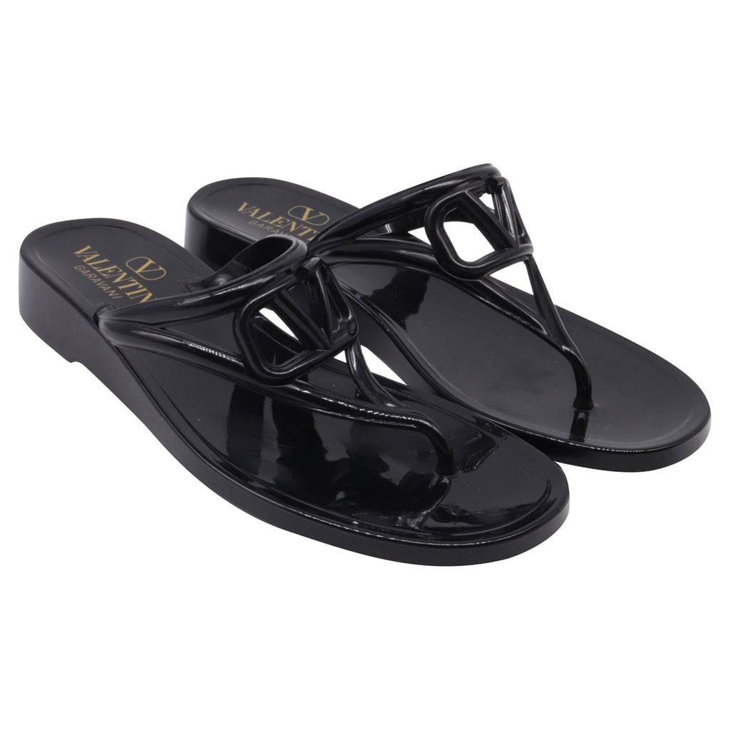 Women's  Valentino Garavani VLogo Thong Slide Sandals in Black Rubber