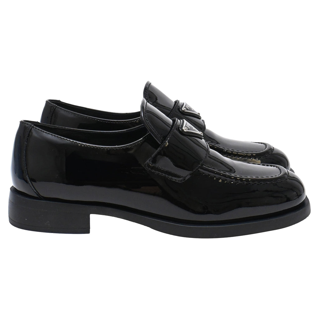 Women's Prada Triangle Logo Loafers in Black Patent Leather